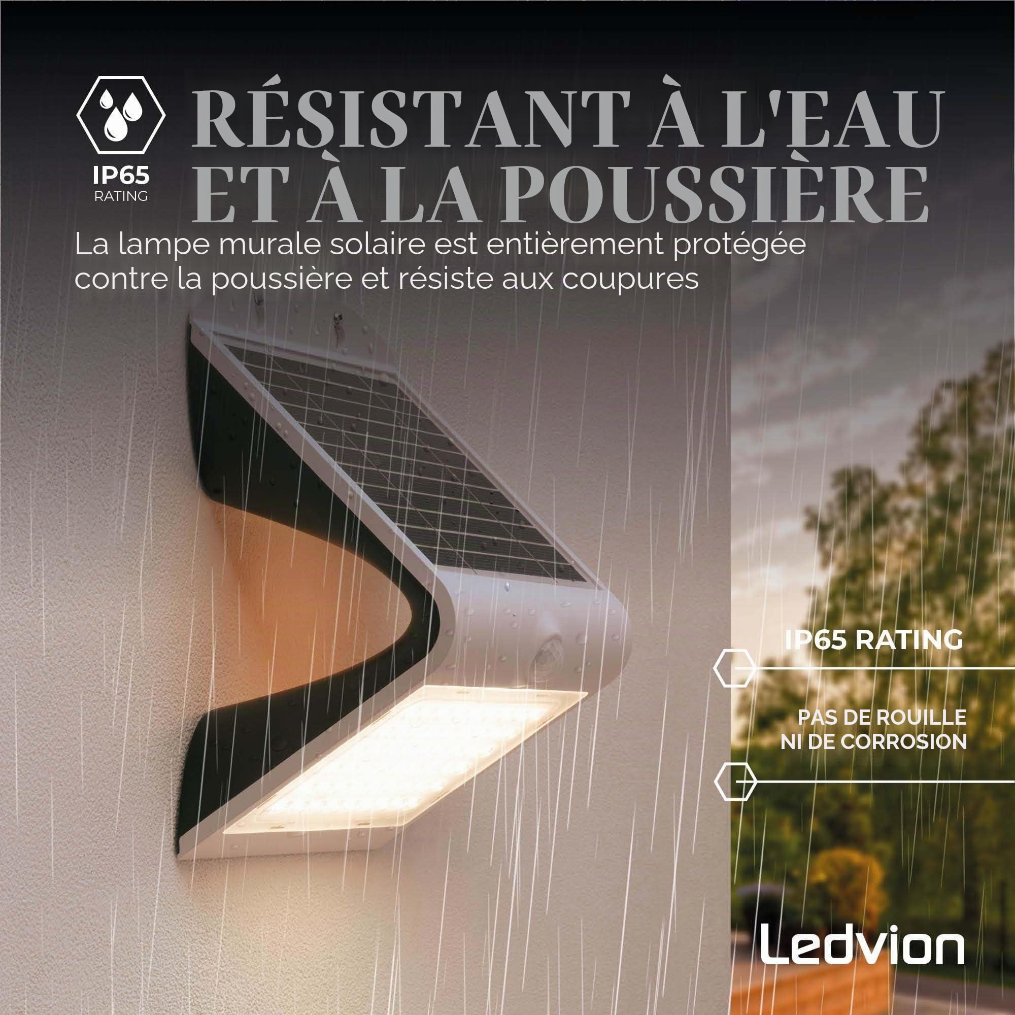 Ledvion - Applique LED Solaire Moderne, 4W, 3000K, IP65, Blanche, 220 Lumens, avec Détecteur de Mouvement, Énergie Solaire, Économe en Énergie & Résistante aux Intempéries