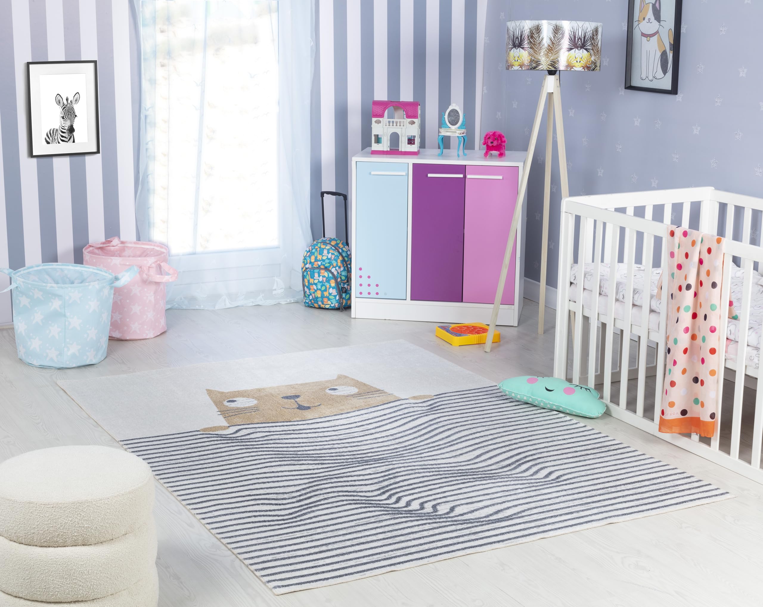 Livabliss Gatto Tappeto Bambini Tappeto Bambino Cameretta, Asilo o Sala Giochi, Tappeti per l'area della stanza dei Bambini, Accessori per Camera da Letto dei Bebè, Crema 120x170 cm