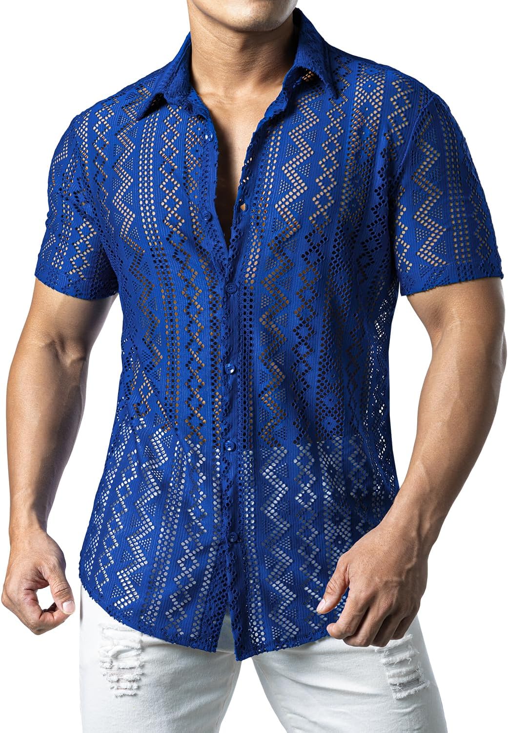 JOGAL Mens Floral Lace Shirt See Through Casual Button Down Shirts - Image 3