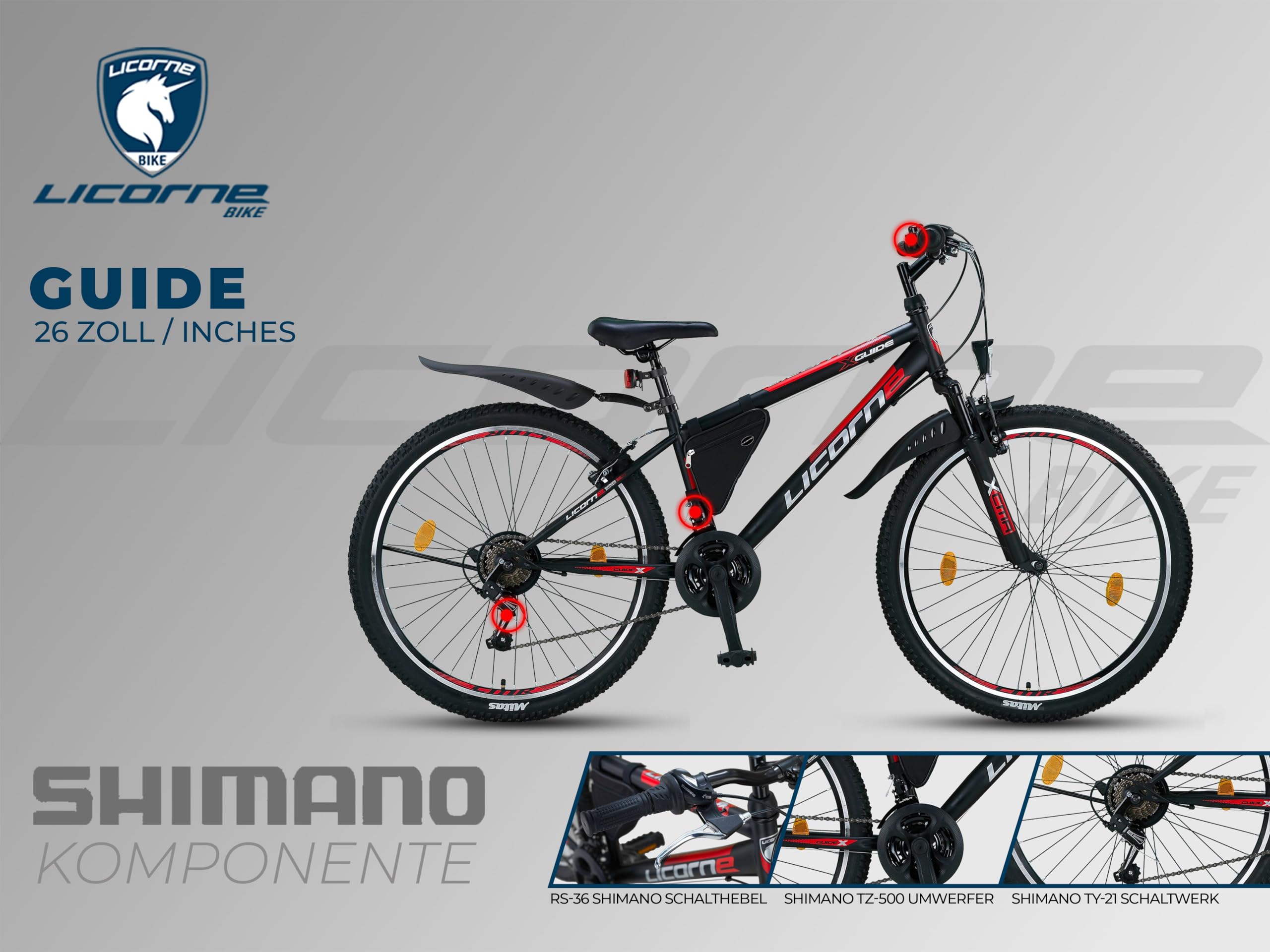 Licorne Bike Guide Premium Mountainbike in 20, 24, 26, 27.5 und 29 Zoll Fahrrad für Mädchen Jungen Herren und Damen