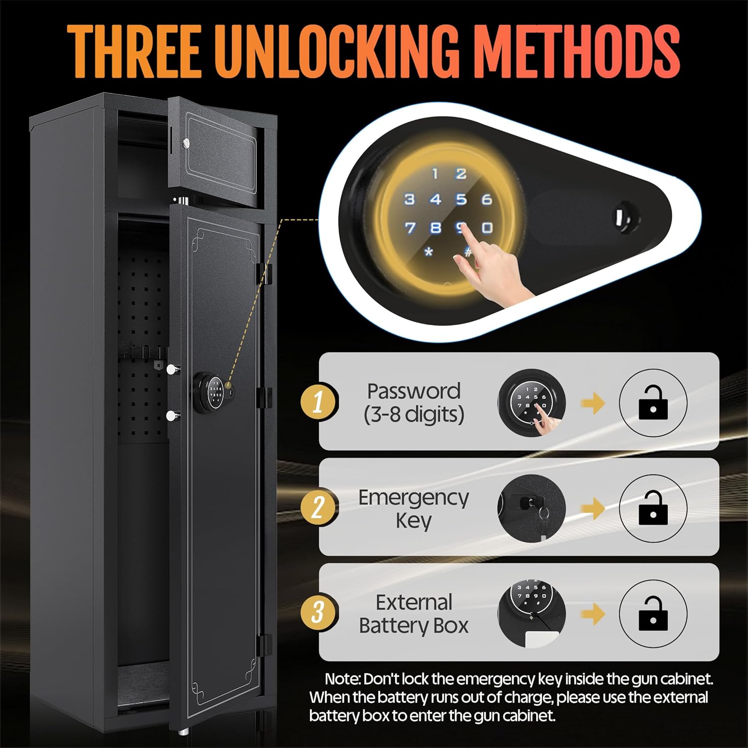 KAER 12 Gun Safe, Heavy Duty Gun Safe for Rifles and Pistols, 3 Ways Quick Access Gun Cabinet, Adjustable Rifle Safe, Intelligent Alerts Gun Locker with Digital Keypad, Spare Key, External Battery Box