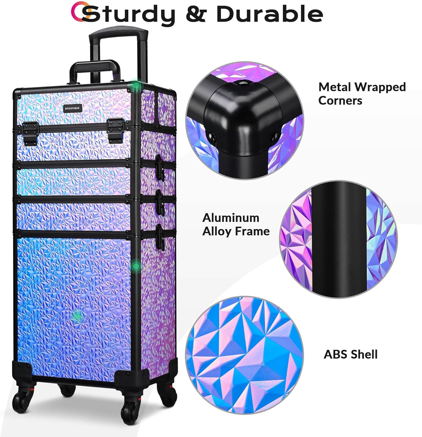 BYOOTIQUE 4in1 Rolling Makeup Case on wheels Nail Traveling Organizer box False Eyelash Storage for Nail Technician Beauty Salon Barbershop Hairstylist,Mermaid Purple