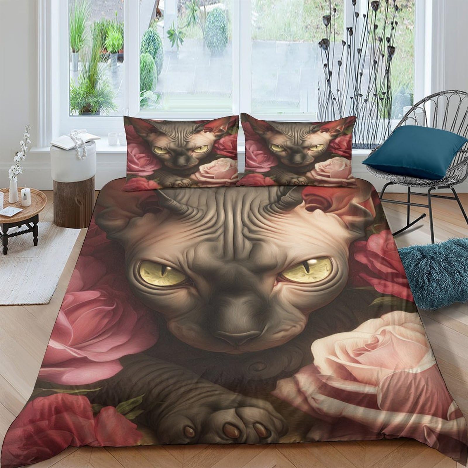 Ctjqhvkz Style-7 3D Printed Sphynx Cat Fitted Sheet Microfiber Soft Breathable Floral Bed Cover For Bedroom Dorm Mattress Decor Single（135X200cm）