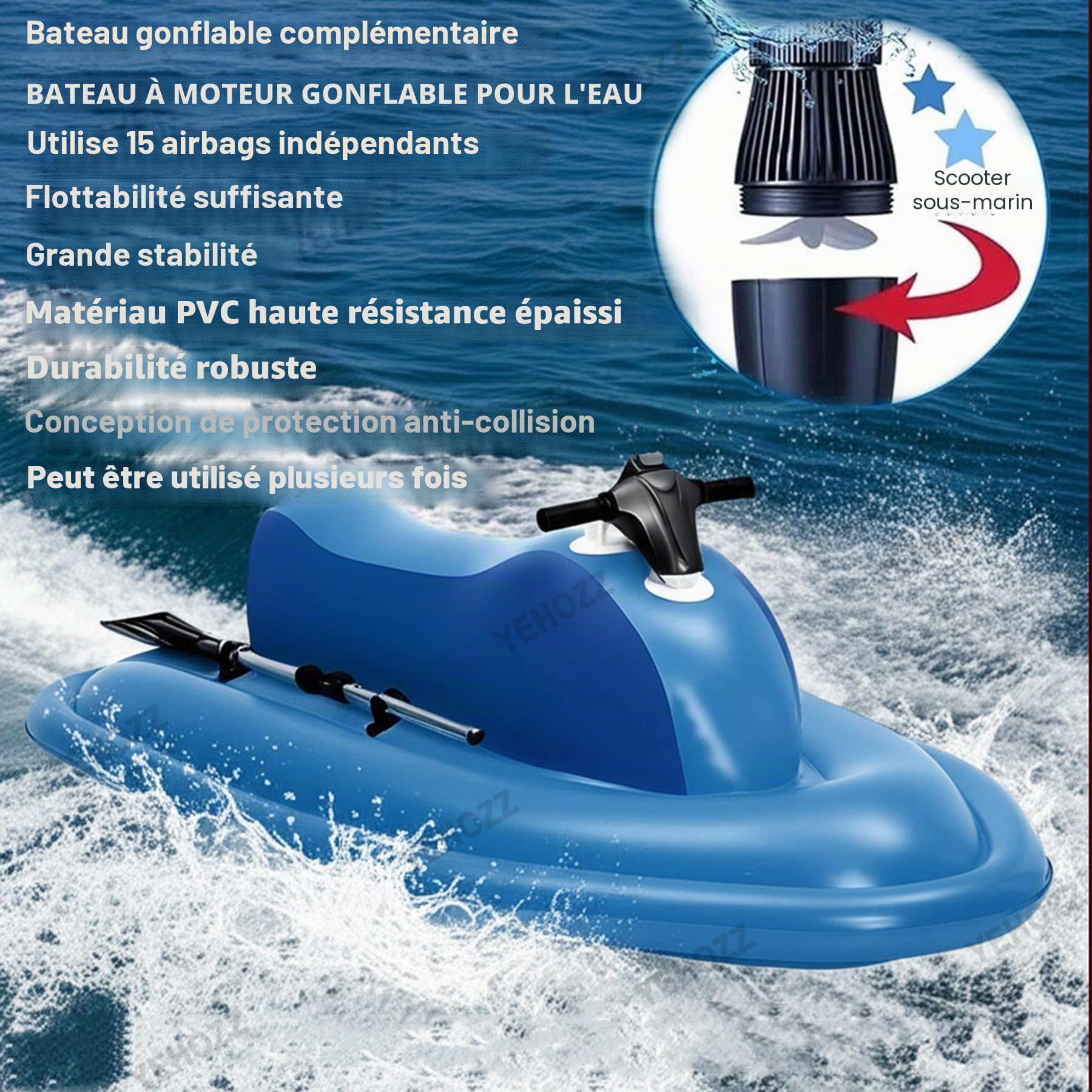 Bateau Gonflable électrique 500 W/700 W avec Moteur, Jet Ski Et Sup Portables pour Adultes Et Enfants, Plongée, Natation, Kayak (Version avec Batterie Amovible) Motorboat+500W10AThruster