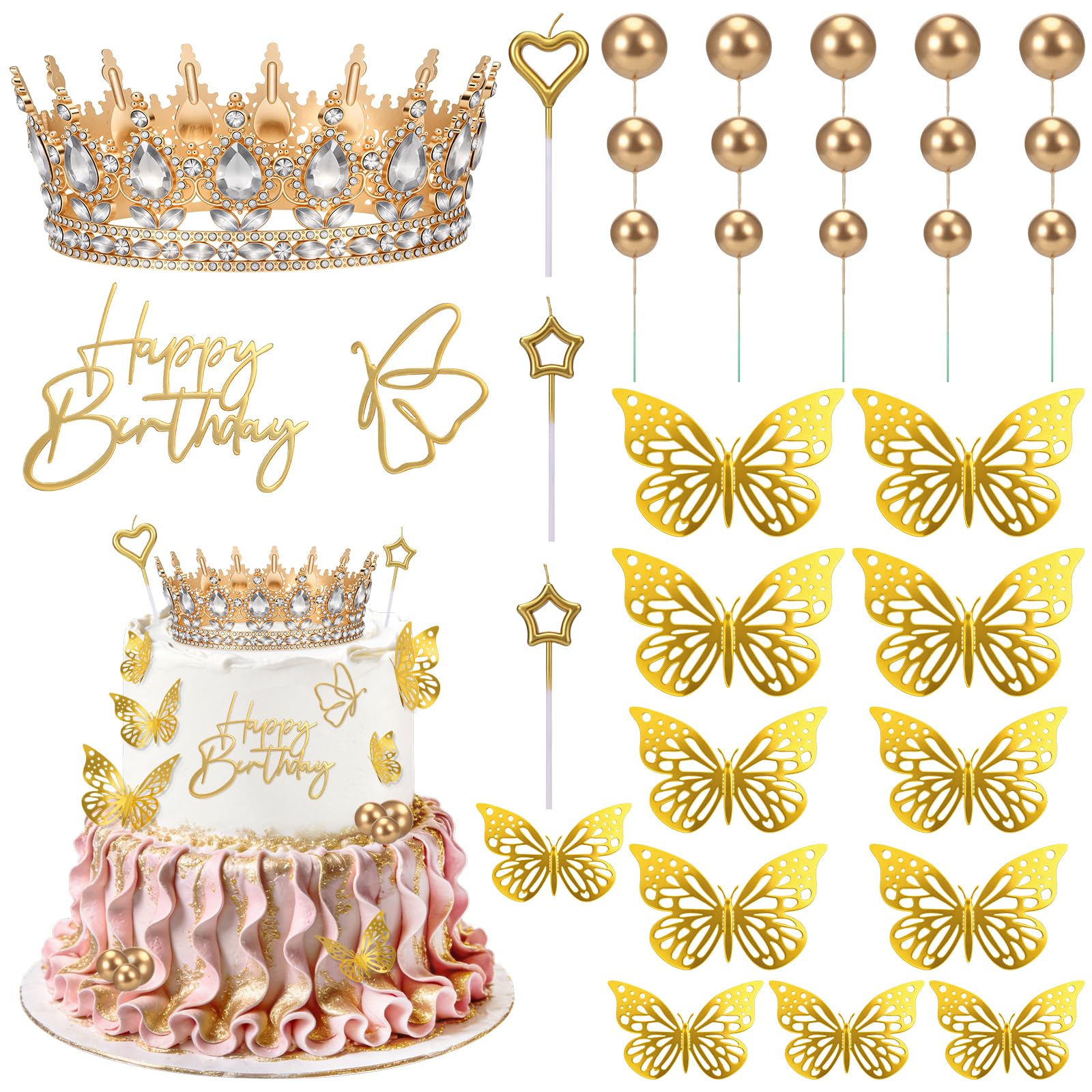 TranRantic Crown Cake Topper, 37 Pack Gold Cake Decorations with Birthday Crown, Gold Butterfly Cakes Decorations for Women, Golden Cake Topper for Princess Party Deco, Wedding, Birthday