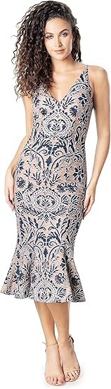 Dress the Population Women's Isabelle V-Neck Neckline, Bodycon Silhouette with a Ruffled Hem Midi Dress