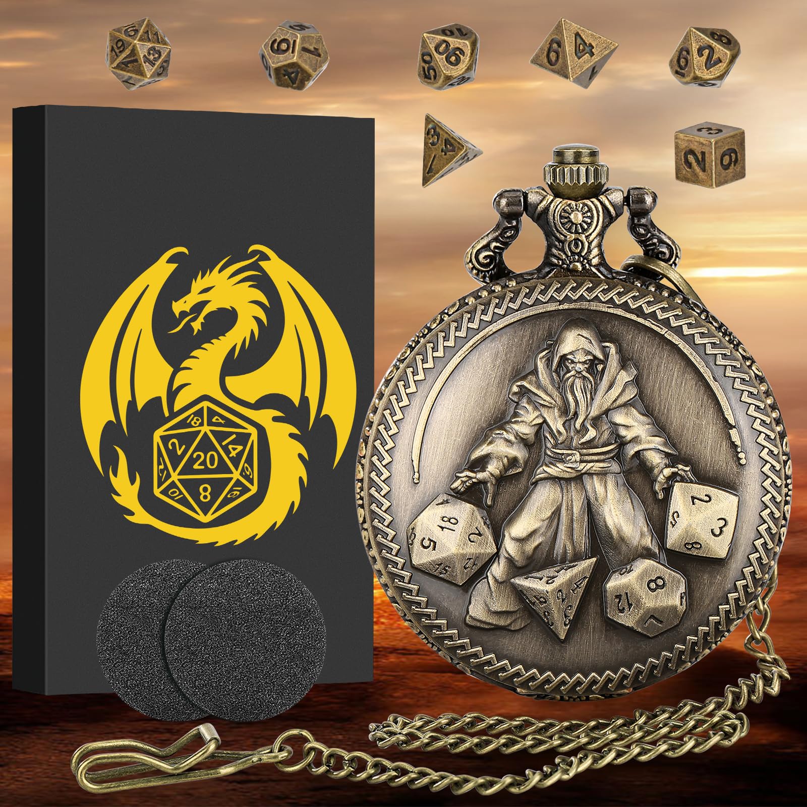 Mini juego de dados DND, funda de reloj de bolsillo para reloj de bolsillo, 7 piezas de metal poliédrico, juego de dados D&D, regalos de Dungeons and Dragons con caja de regalo, accesorios de juego de