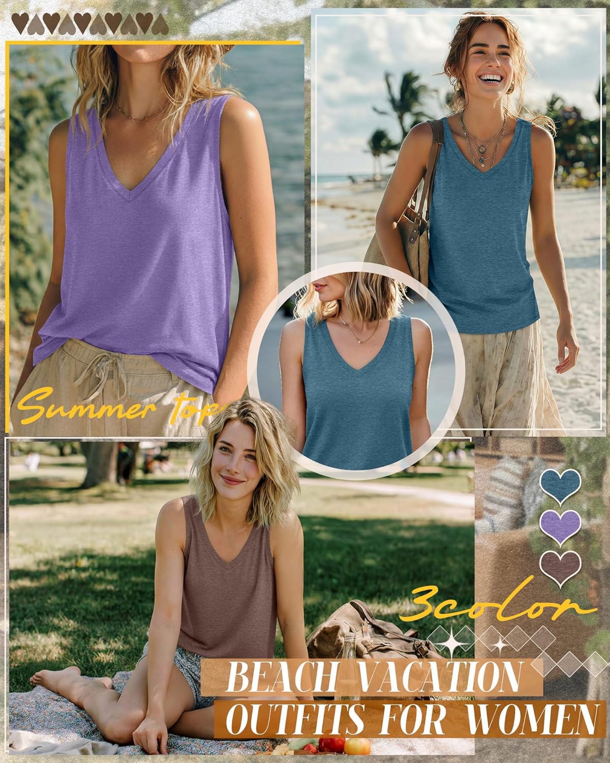 Riyiper 3 Pack Women's V Neck Tank Tops Loose Fit Sleeveless T Shirts Casual Tunic Tank Summer Beach Vacation Clothes - Image 3