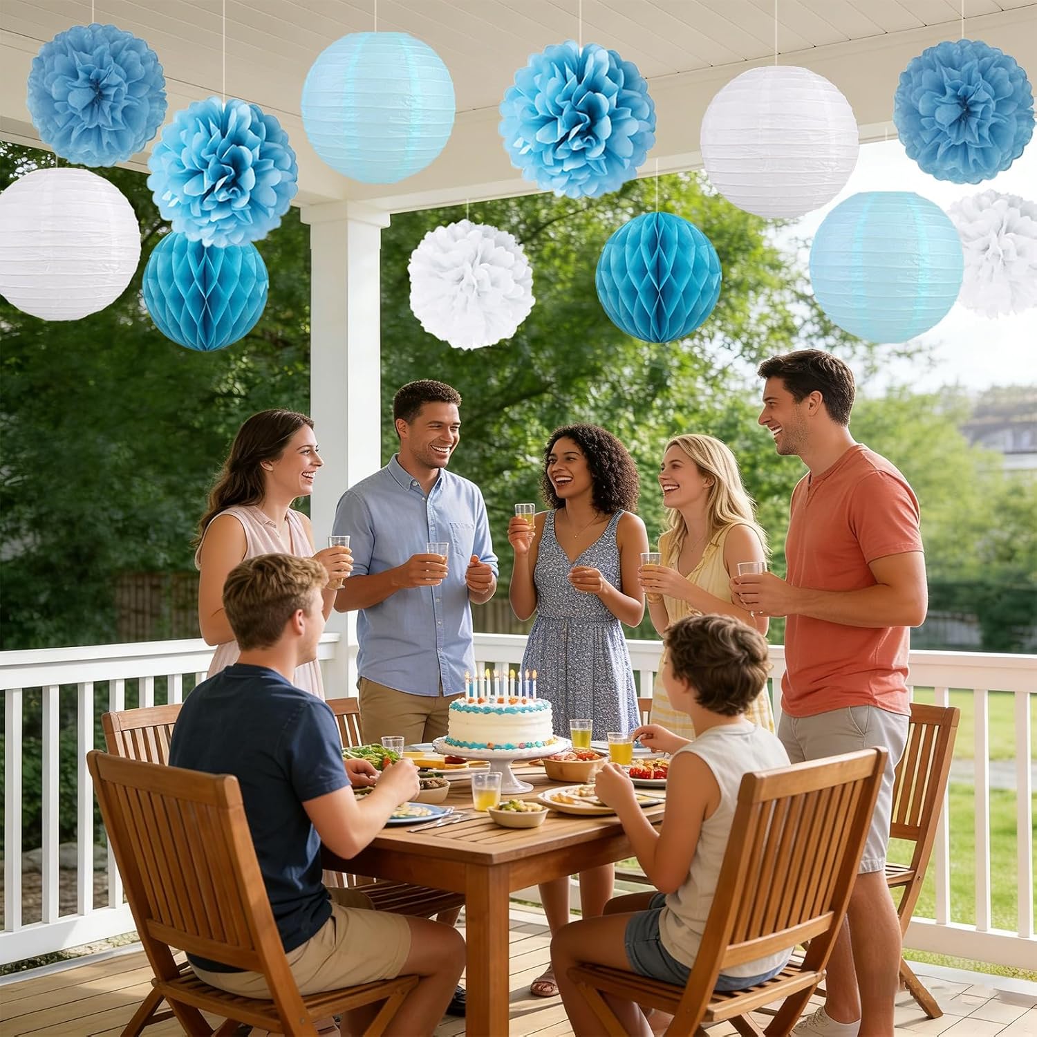 Dusty Blue and White Party Decorations 12Pcs Hanging Paper Flower Lanterns Set with Tissue Pom Poms Honeycomb Balls for Birthday Baby Shower Bridal Shower Boy Girl Wedding Bachelorette Party Supplies