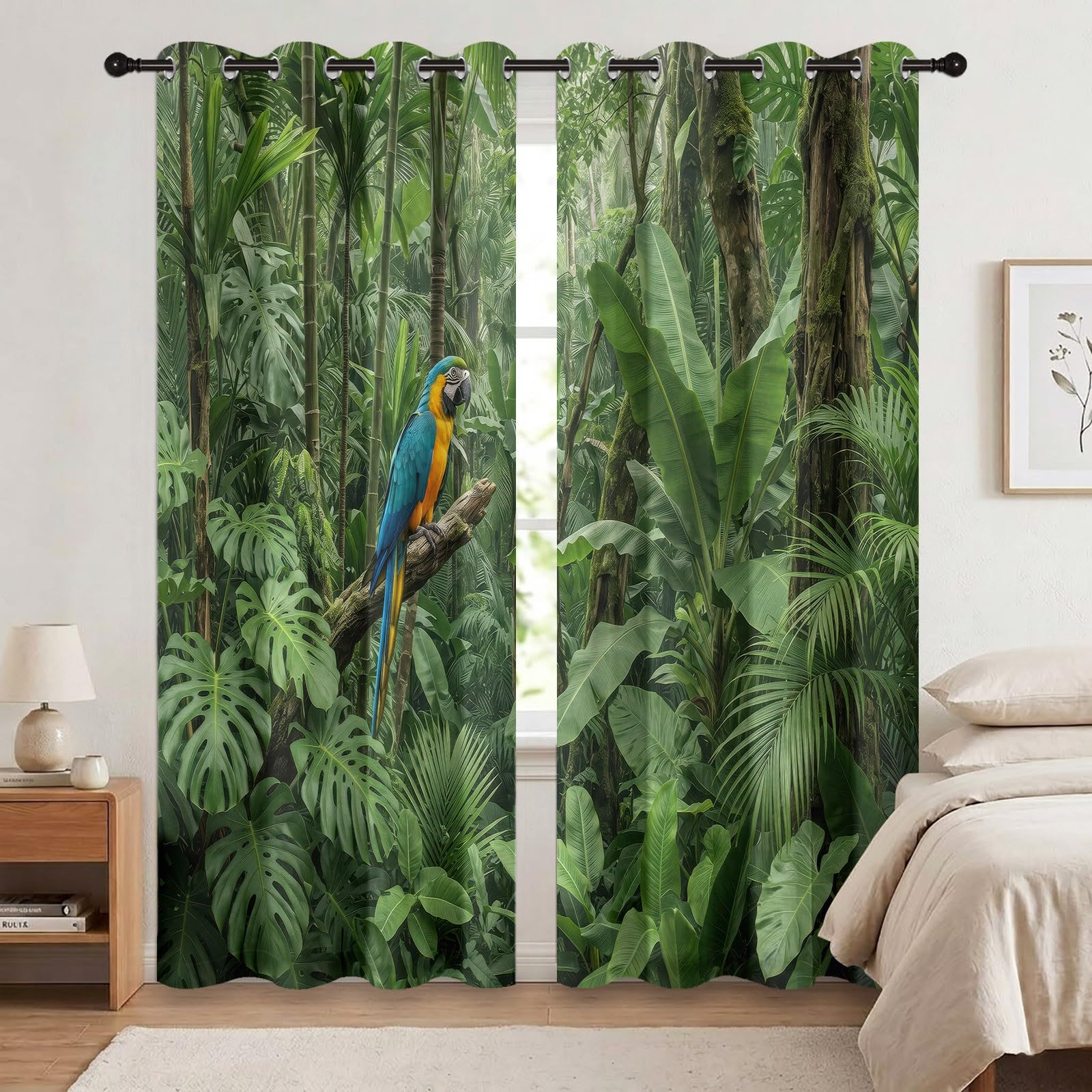 Rideaux Occultant Oiseau Forêt, Rideaux Occultant Ara Tropical & Feuilles De Monstera Rideau Thermiques Isolant Anti Froid et Chaleur Rideau à Oeillets pour Chambre À Coucher, 2 PCS, 110L X 215H cm