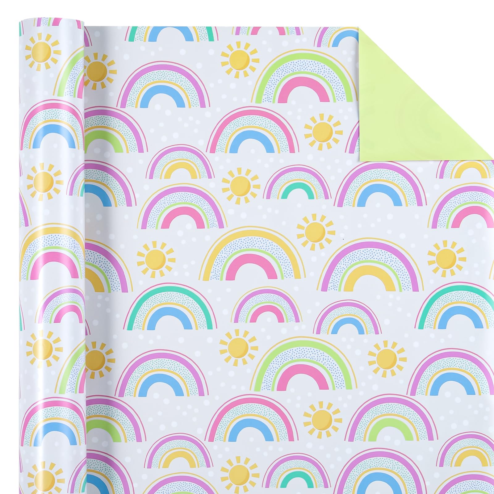 WRAPAHOLIC Reversible Baby Shower Wrapping Paper Roll - Mini Roll - 17 Inch x 10 Feet - Rainbows with Sun and Solid Green Design Perfect for Baby Shower, Birthday, Party
