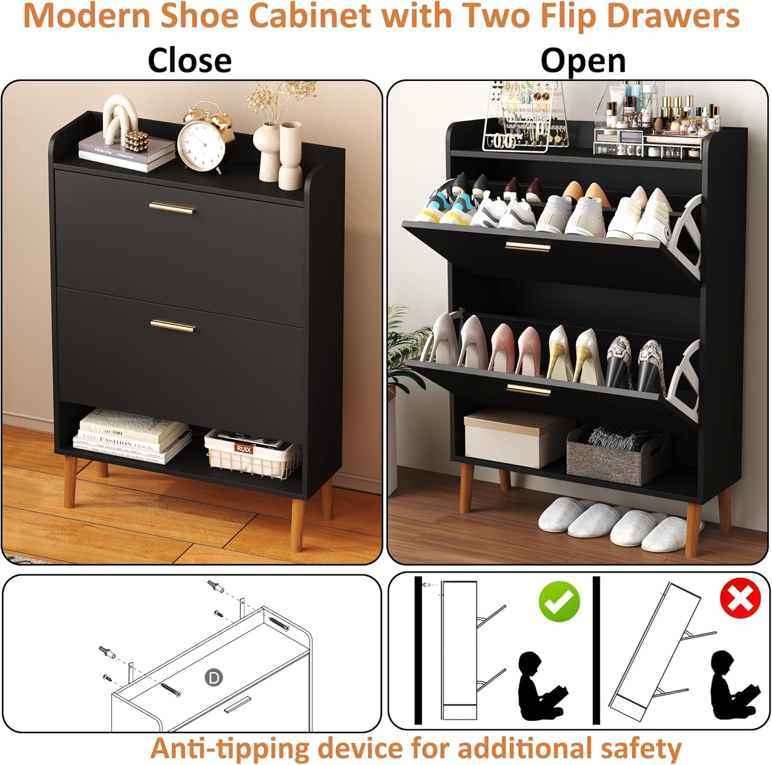 Diagram showing the shoe cabinet with drawers open and closed, and a detailed illustration of the anti-tipping device installation.