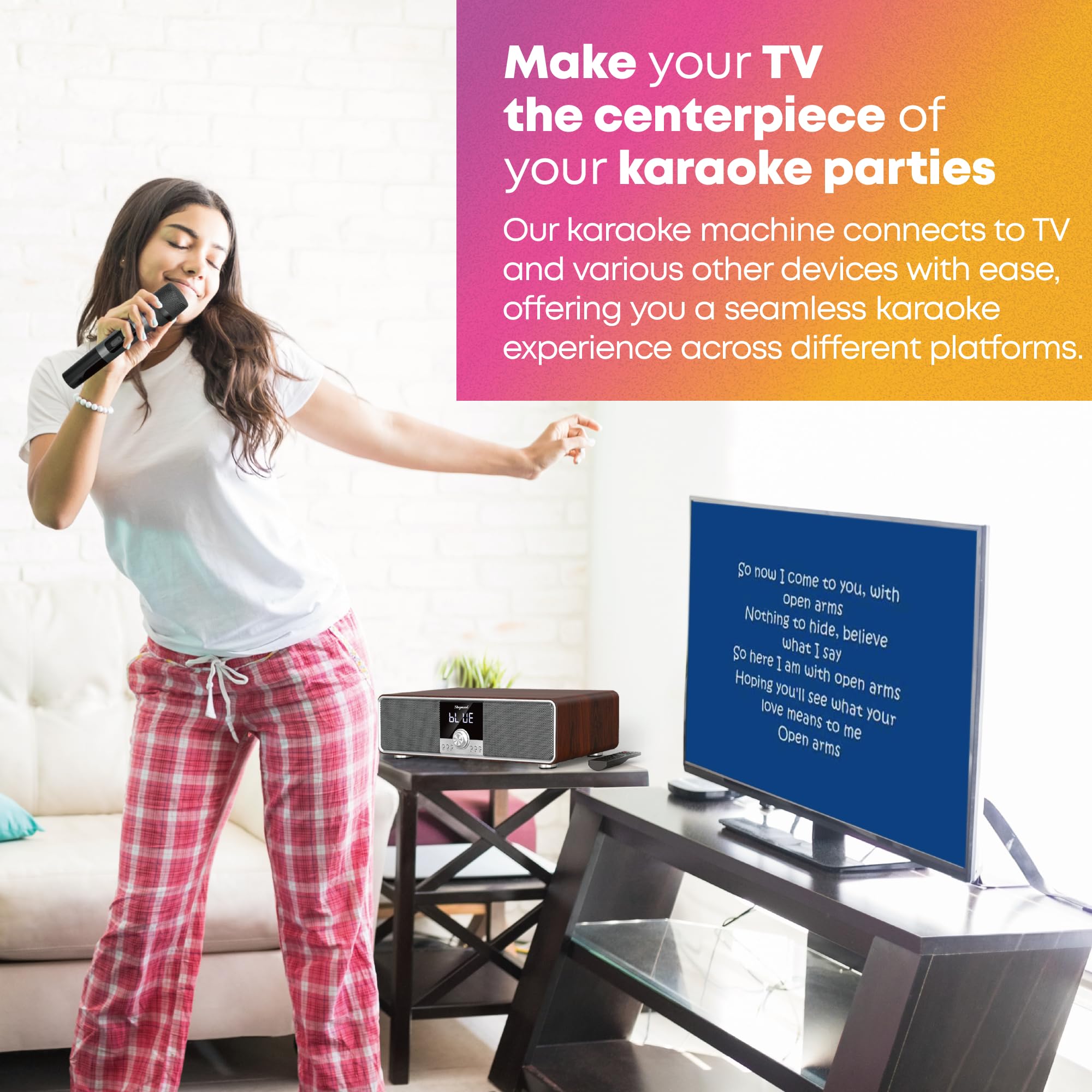 Karaoke Machine with 2 UHF Mic Subwoofer Home Theater Audio Sound Bar Support Optical/Bluetooth/AUX/USB/PC Wooden Karaoke Singing Machine for TV, Home, Karaoke, Singing Party, Christmas (S73)