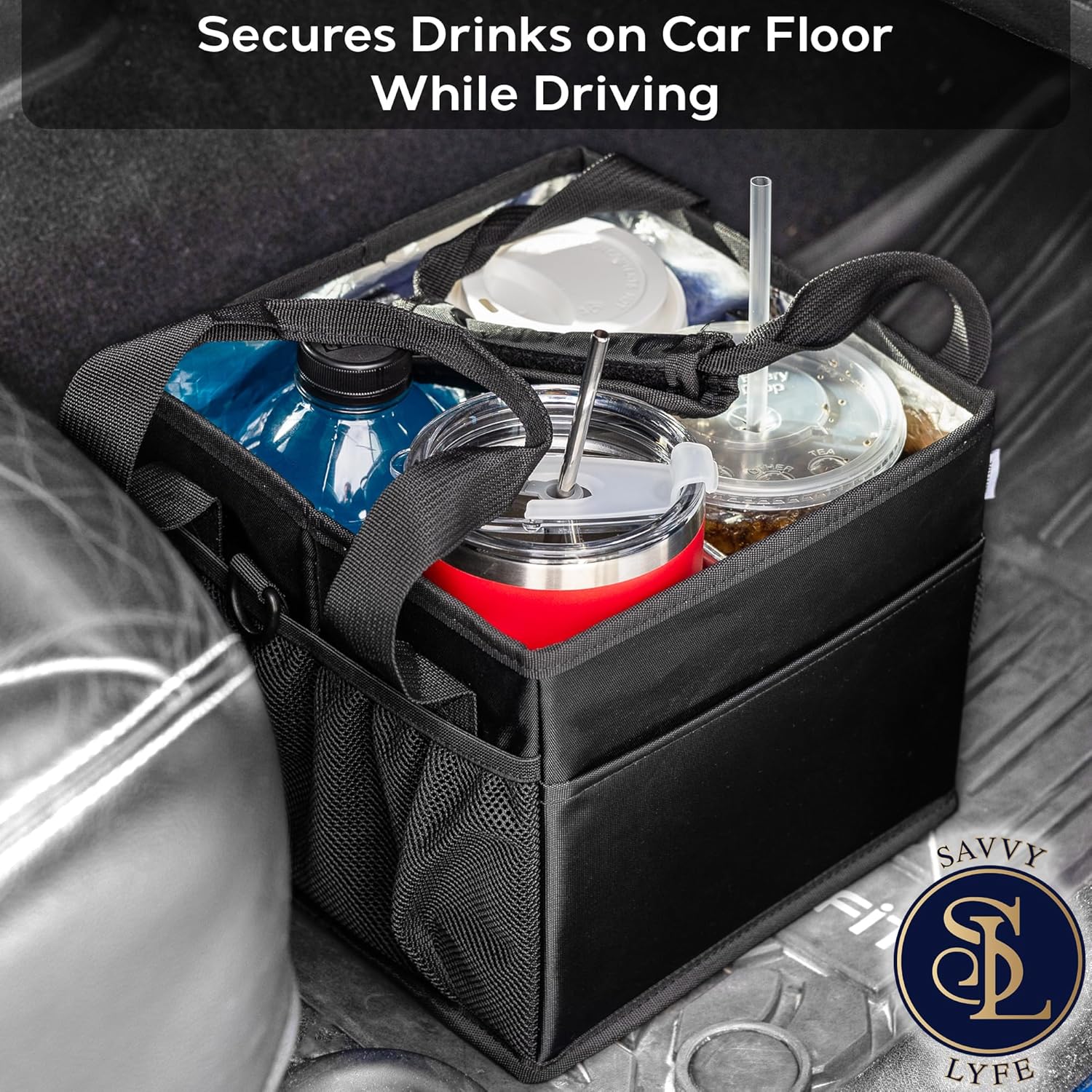 Reusable Drink Carrier with Handle – Tip-Resistant 4 Cup Carrier with Shoulder Strap for Delivery – Insulated, Foldable, Adjustable Dividers – Portable Caddy Tote Bag, Drink Holder for Car