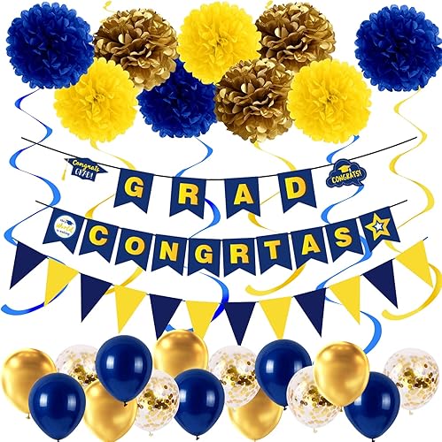 XIMISHOP Kits de decoración de fiesta de graduación 2022, globos de graduación azul marino y dorado, pompones de papel, felicitaciones, clase de disponible en Yaxa Colombia