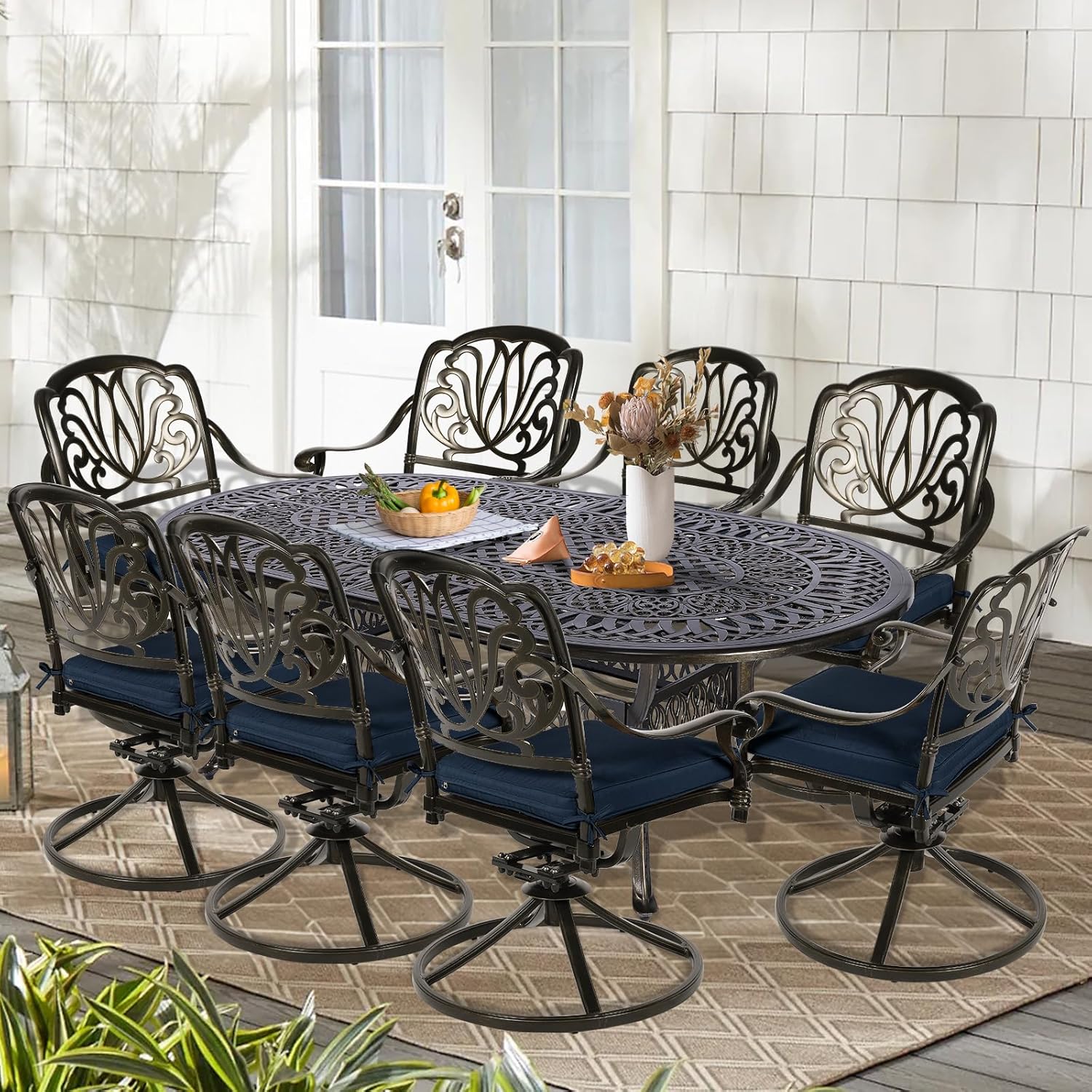 9-Piece Patio Cast Aluminum Dining Set, Outdoor Dining Furniture Set for 8 Person, Includes 84" Oval Table and 8 Swivel Dining Chairs with Umbrella Hole for Patio Deck Garden, Navy Blue