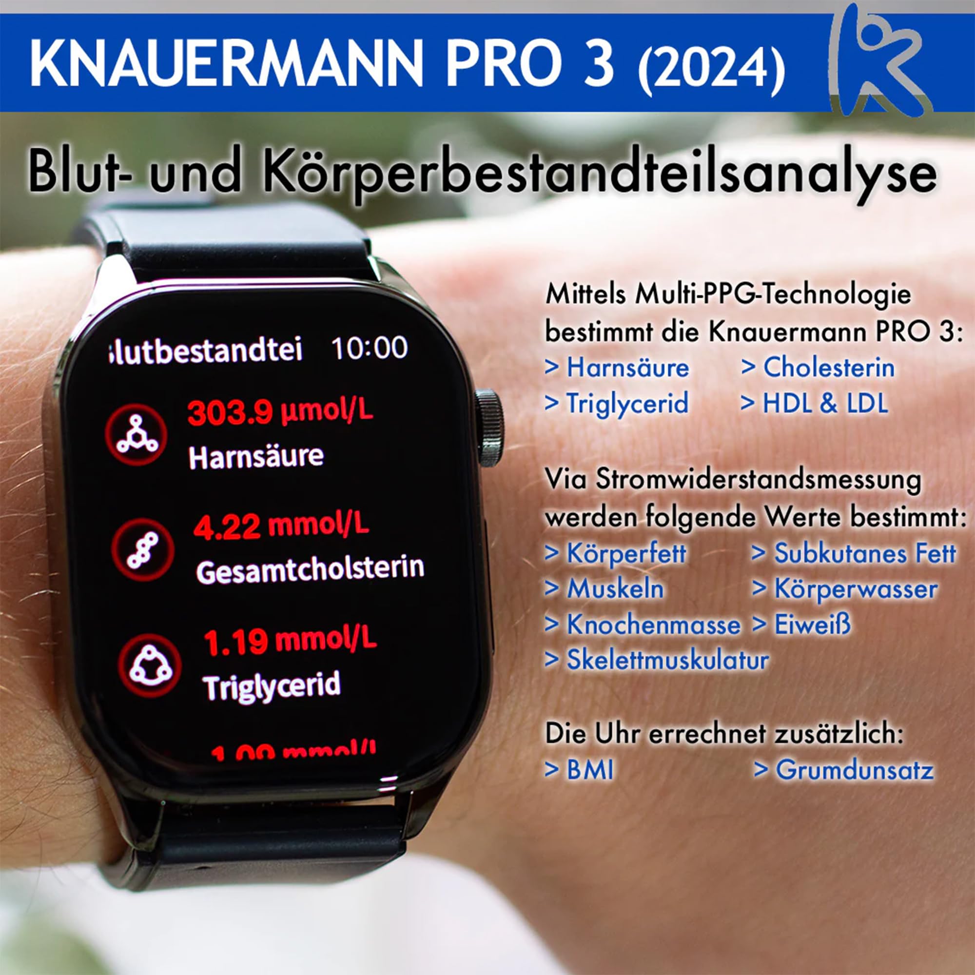 Knauermann Pro 3 (2024) Noir - Montre sanitaire Smartwatch avec Fonction téléphonique - Capteurs OSRAM - Fonction ECG + HRV - BT Bluetooth - Apnée du Sommeil - Pression artérielle - Bracelet en
