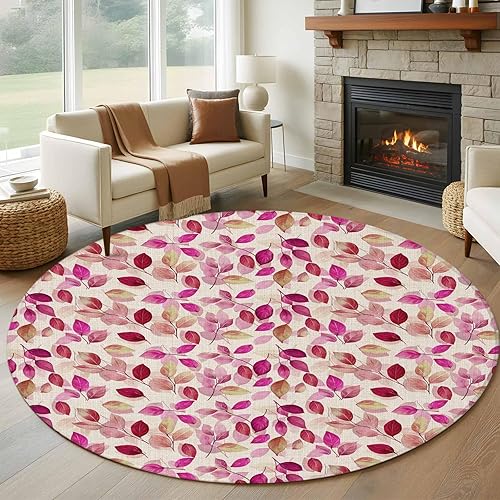 Round Rugs 5ft, Red Pink Leaves Non-Slip Area Rugs for Living Room Bedroom Entryway, Botanical Abstract Color Retro Plants Washable Carpet Runner