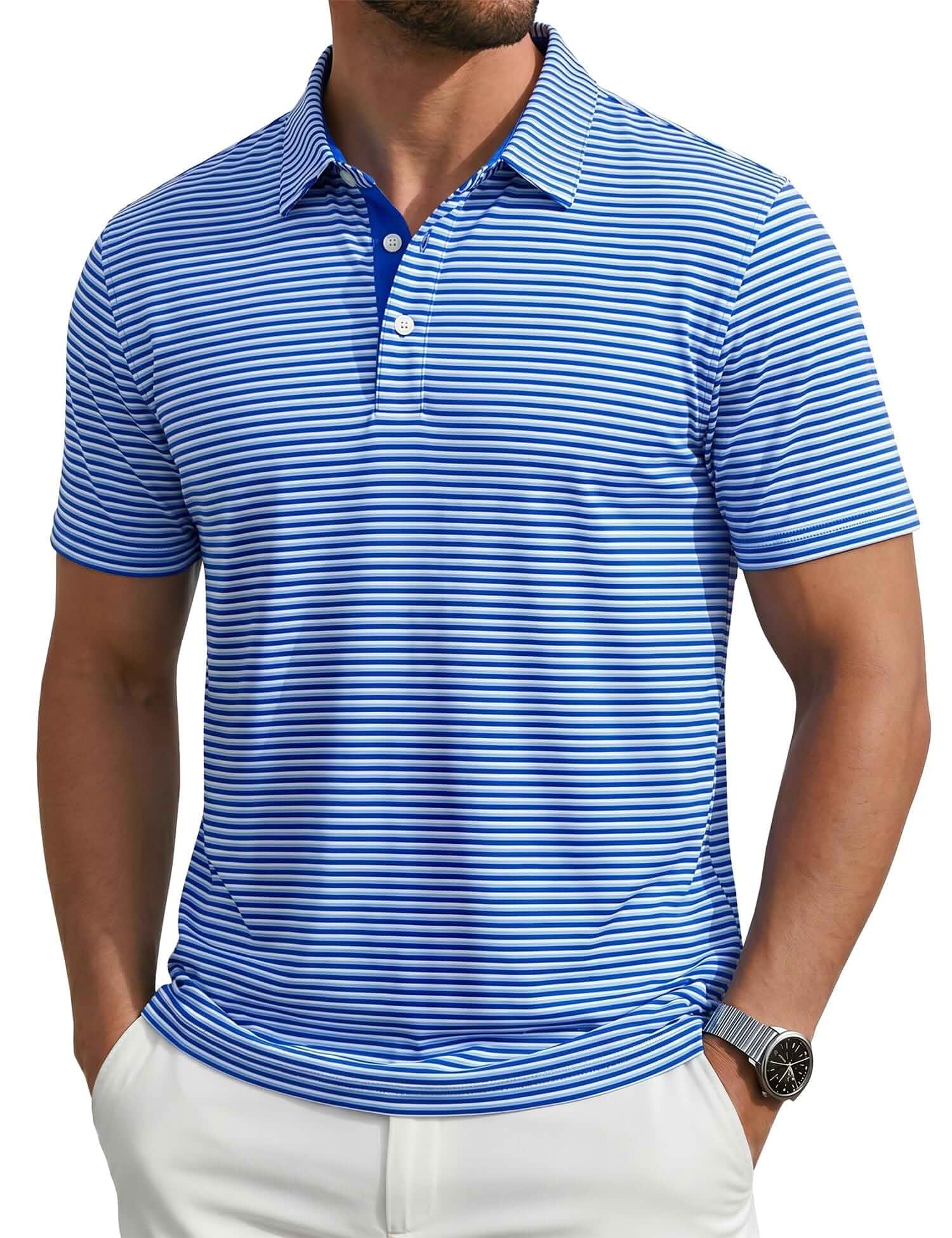 MAGCOMSEN Men's Golf Shirts Dry Fit Short Sleeve Performance Striped Polos Moisture Wicking, 4-way stretch, 3 Button Collared, Colorful Stripes, Breathable for Athletic Business Tennis Casual and Work