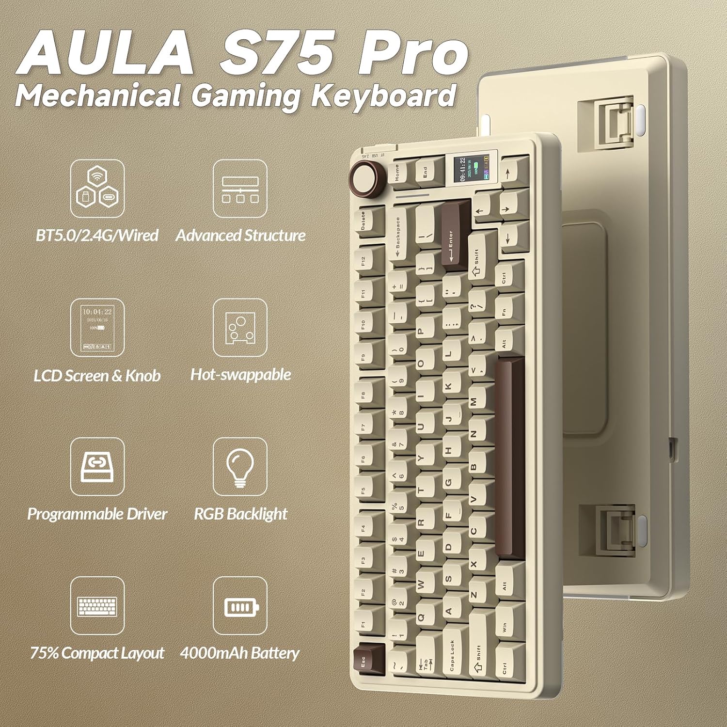 AULA S75 PRO Wireless Mechanical Keyboard with Screen&Knob, 75% Hot Swappable Gaming Keyboard with Pre-lubed Switches, RGB Backlit, PBT Keycaps, Creamy Sounding Computer Keyboards