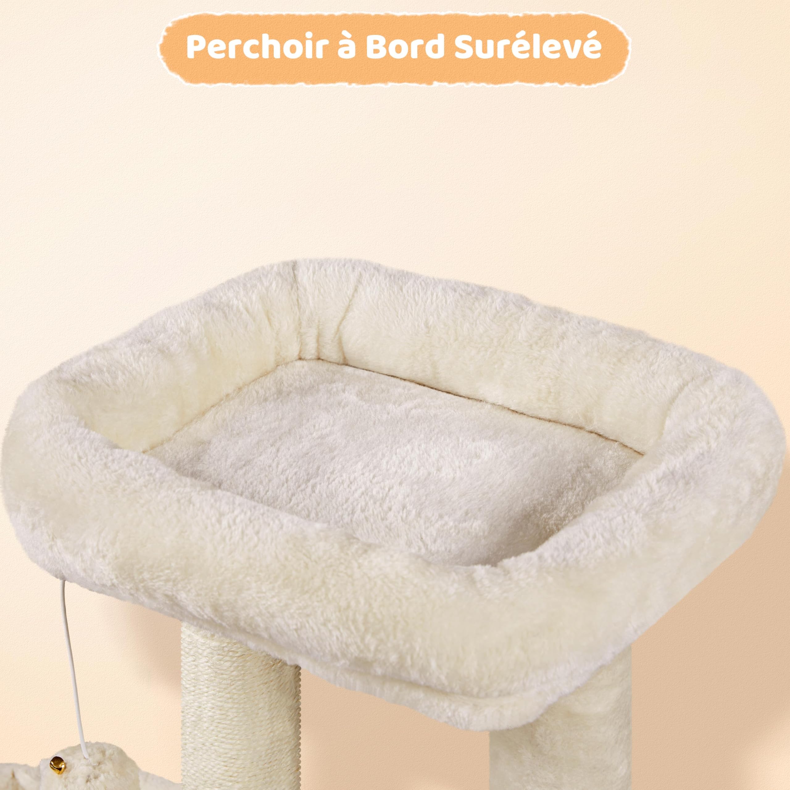 Abician Arbre à Chat Arbre à Grimper Hauteur 96cm Tour de Jeu avec Poteaux Griffoir Cordes Sisal Cachette Panier Niche Beige