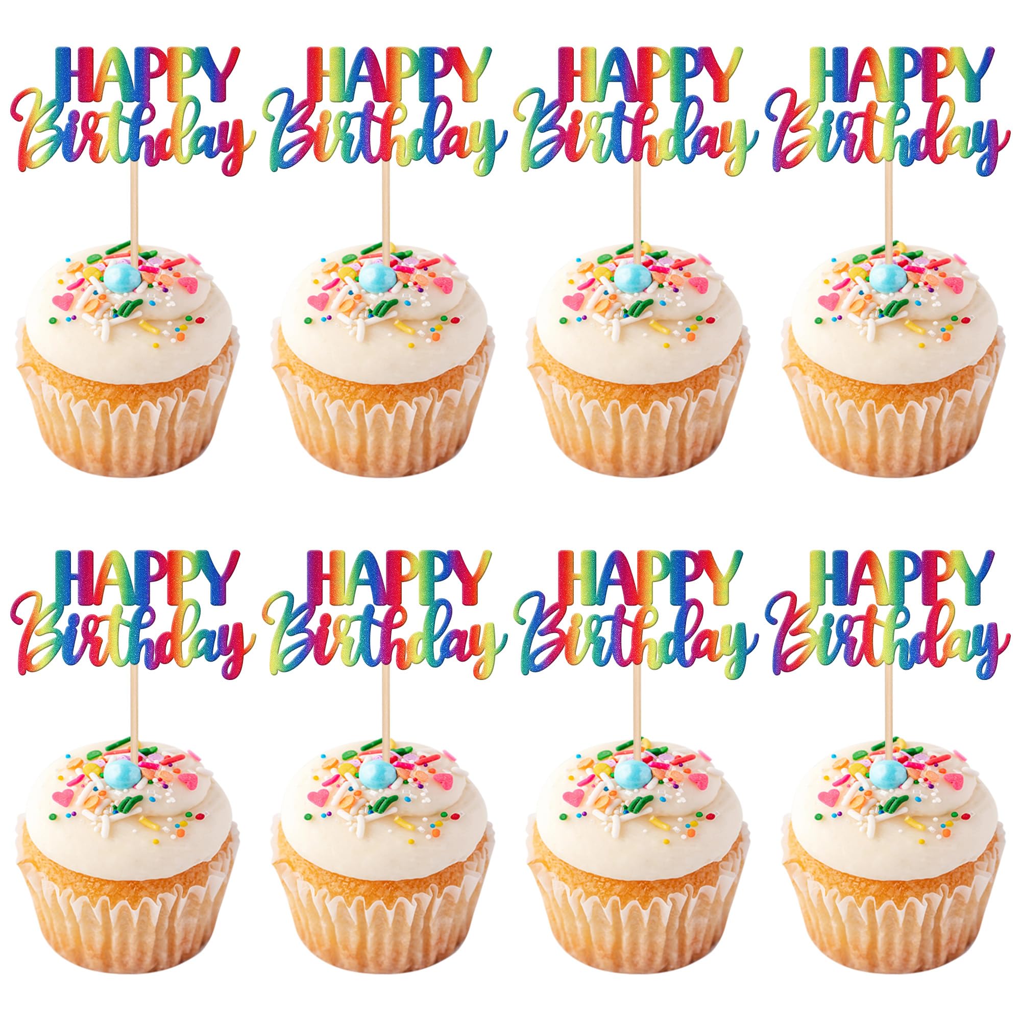 ZHUOWEISM 30 PCS Rainbow Happy Birthday Cupcake Toppers - Glitter Cupcake Picks for Celebrating Birthday & Anniversary Parties - Non-Edible Cake