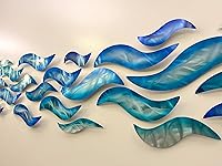 Vista 7 de Rip Tide" - Escultura moderna abstracta de metal grande para pared, paneles de metal, decoración de pintura azul y plata