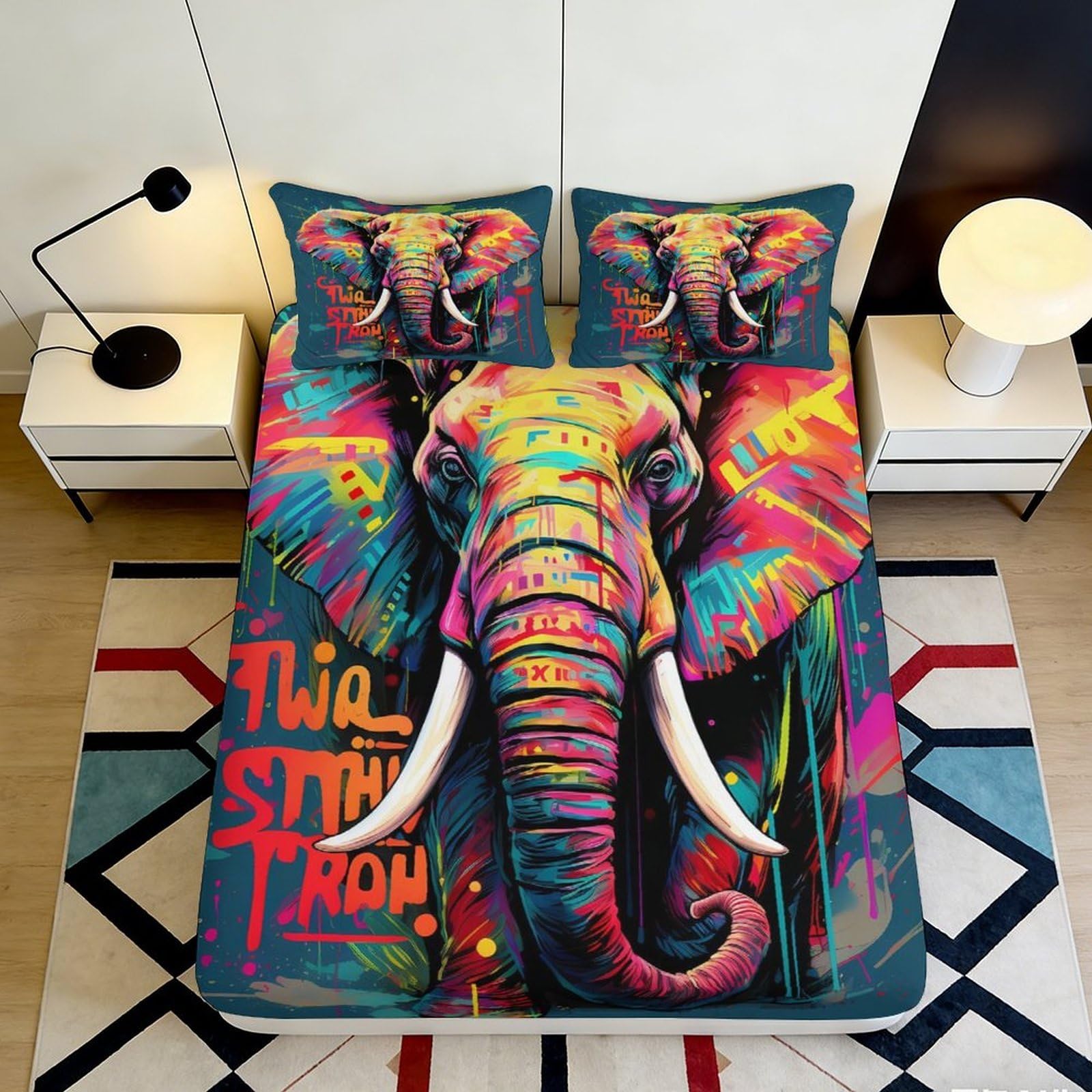 3D Printed Colorful Elephant Fitted Sheet Microfiber Soft Artistic Animal Bed Cover for Bedroom Dorm Mattress Decor 90x200x25cm
