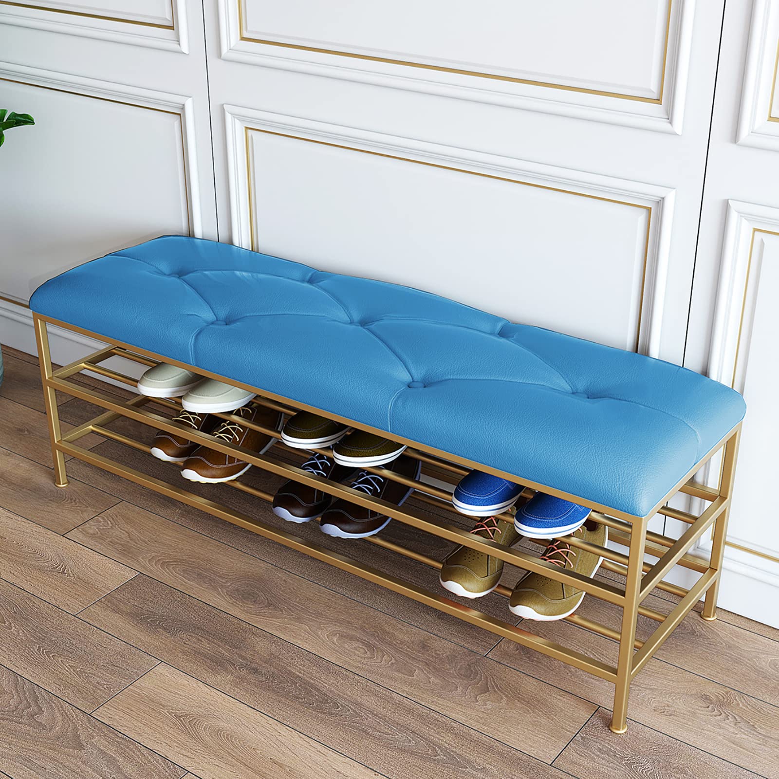 Wjftoday Blue Modern Faux Leather Shoe Bench With Golden Shelf Entryway Storage Stylish Shoe Rack Seat 39X14x18inch Space Saving Shoe Storage For Home Entry