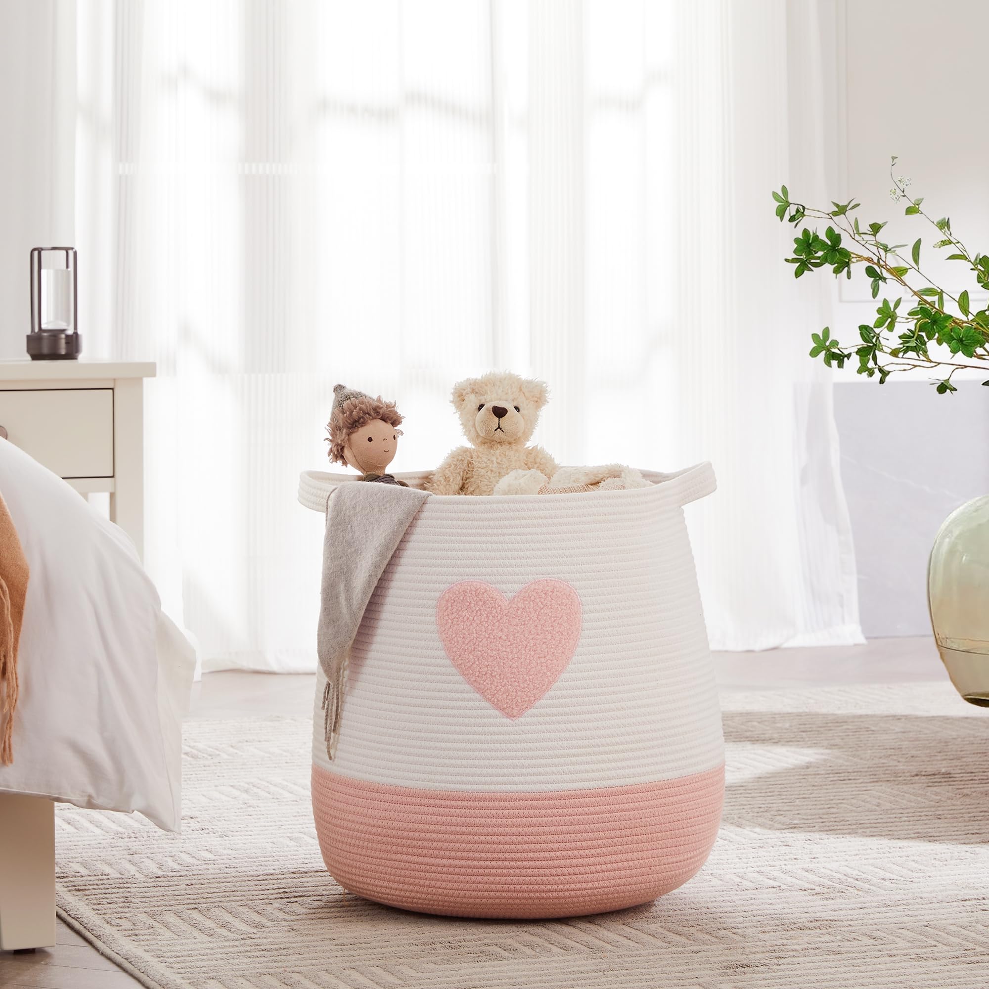 MOJOSCEND 65L Pink Baby Laundry Basket for Nursery Kids Girls Blanket Basket Blush Pink Hamper for Girls Large