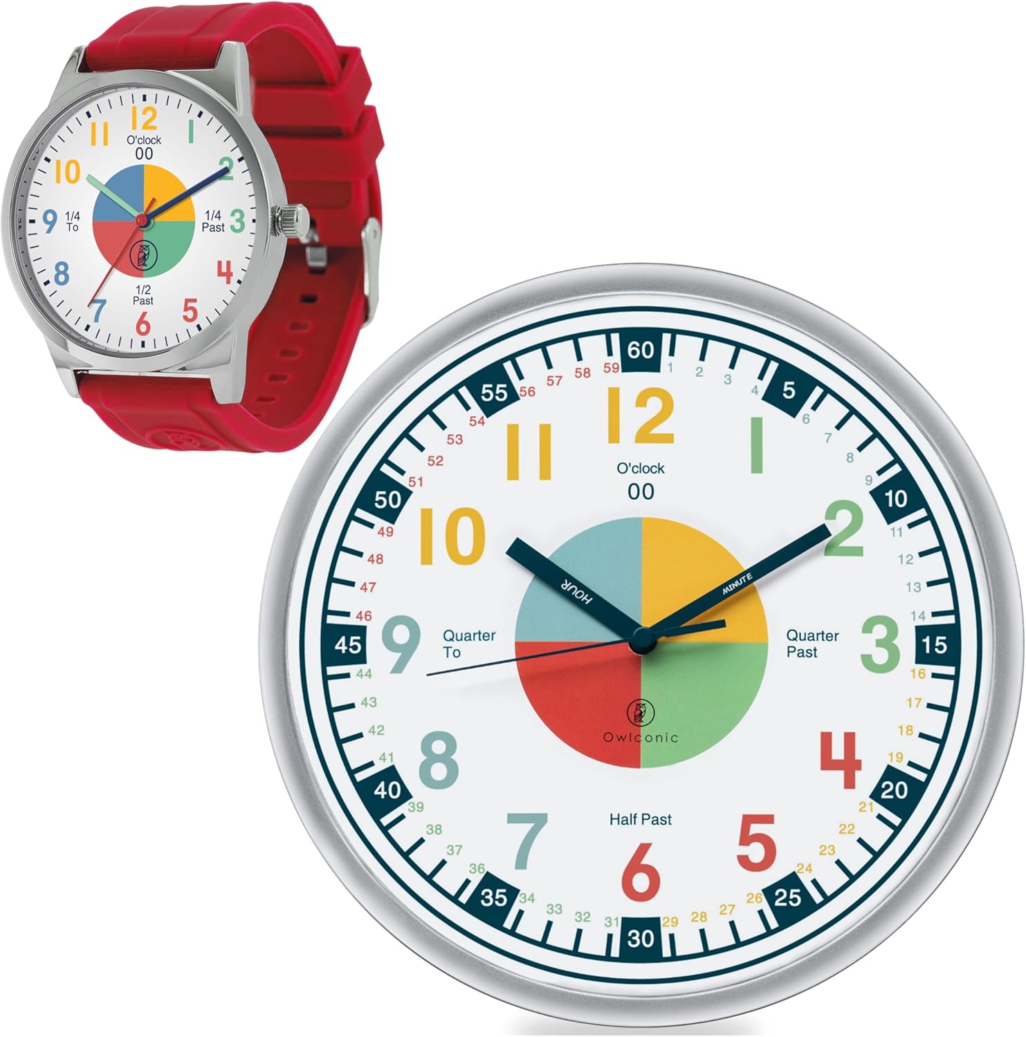 OWLCONIC Telling Time Teaching Clock - Bundled with Kids Watch. Learn to Tell Time Resources. Candy Apple Red