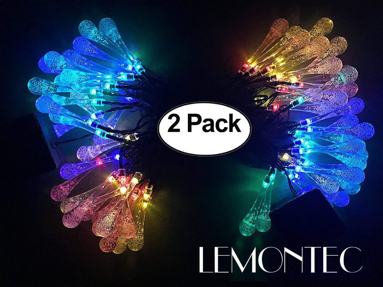 Lemontec 2-Pack Solar String Lights 20 Feet 30 LED Water Drop Solar Fairy Waterproof Lights for Garden, Patio, Yard, Home, Parties, Multi Color
