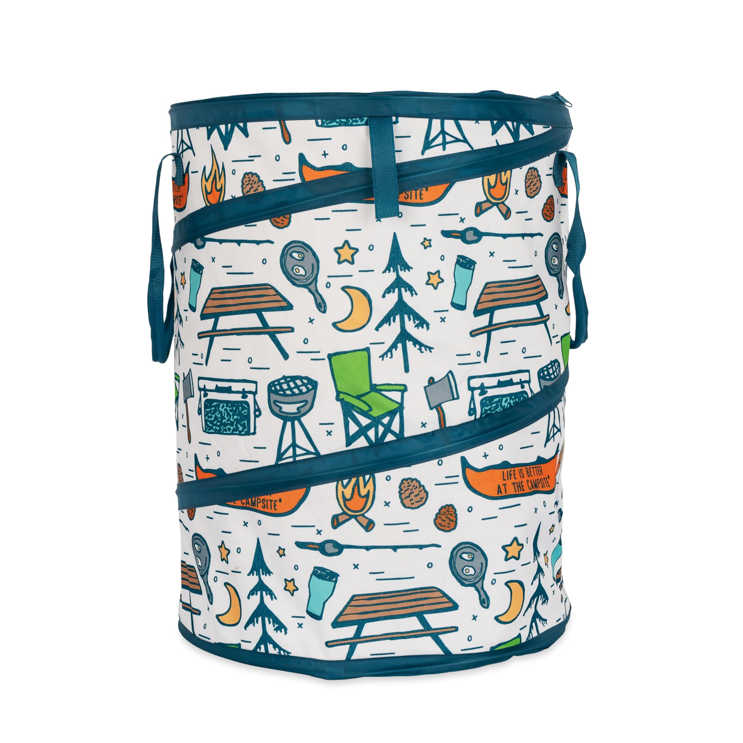 Camco 42997 Life is Better at The Campsite Pop-Up-Behälter, 61 x 45,7 cm – für 17,7 l Müllbeutel in Küchengröße – verfügt über EIN Campingplatz-Design