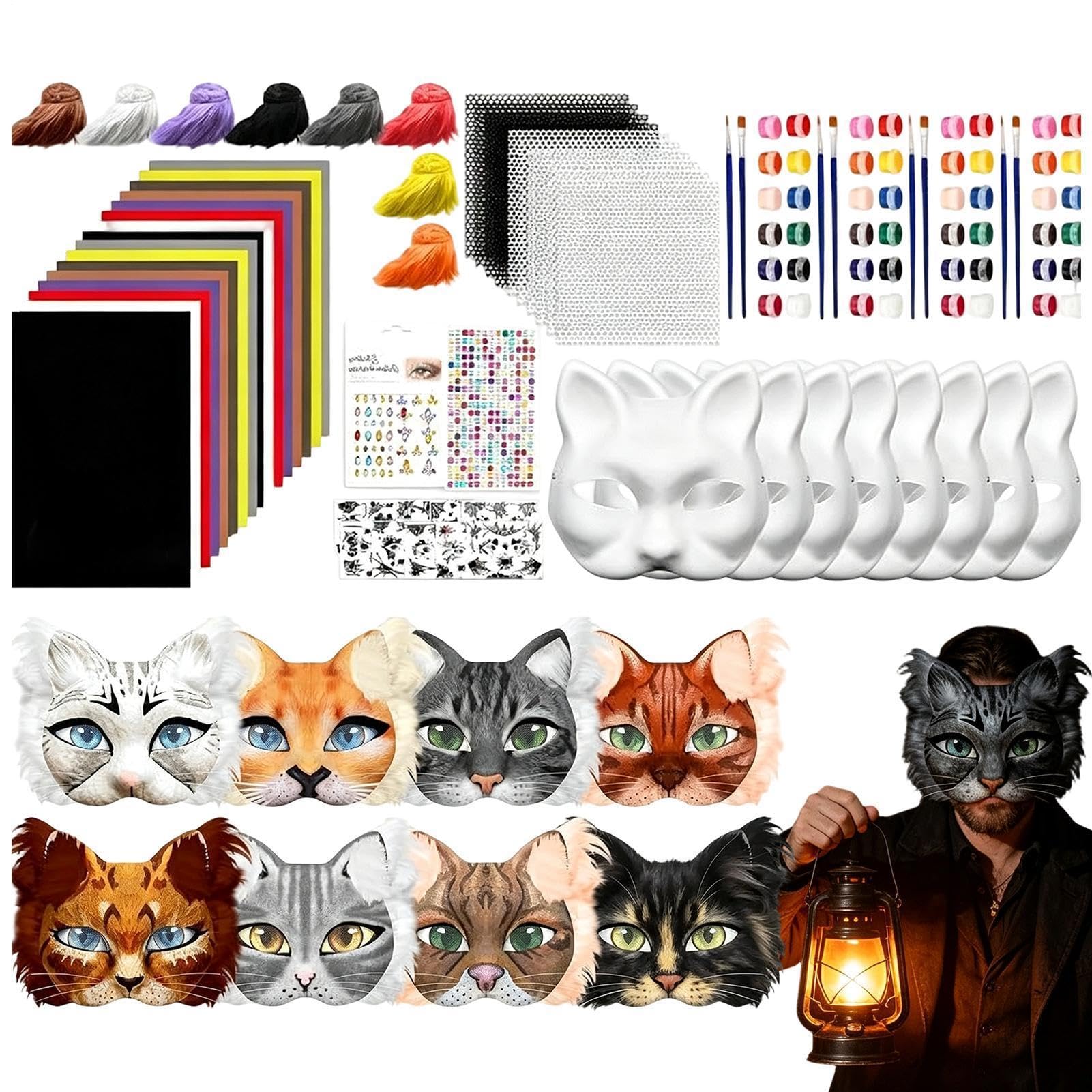 Kit Maschera Gatto Copertura viso con colori, occhi e adesivi baffi | 124 Pezzi Base Maschera Animale per Halloween, Cosplay, Masquerade, Natale e Carnevale