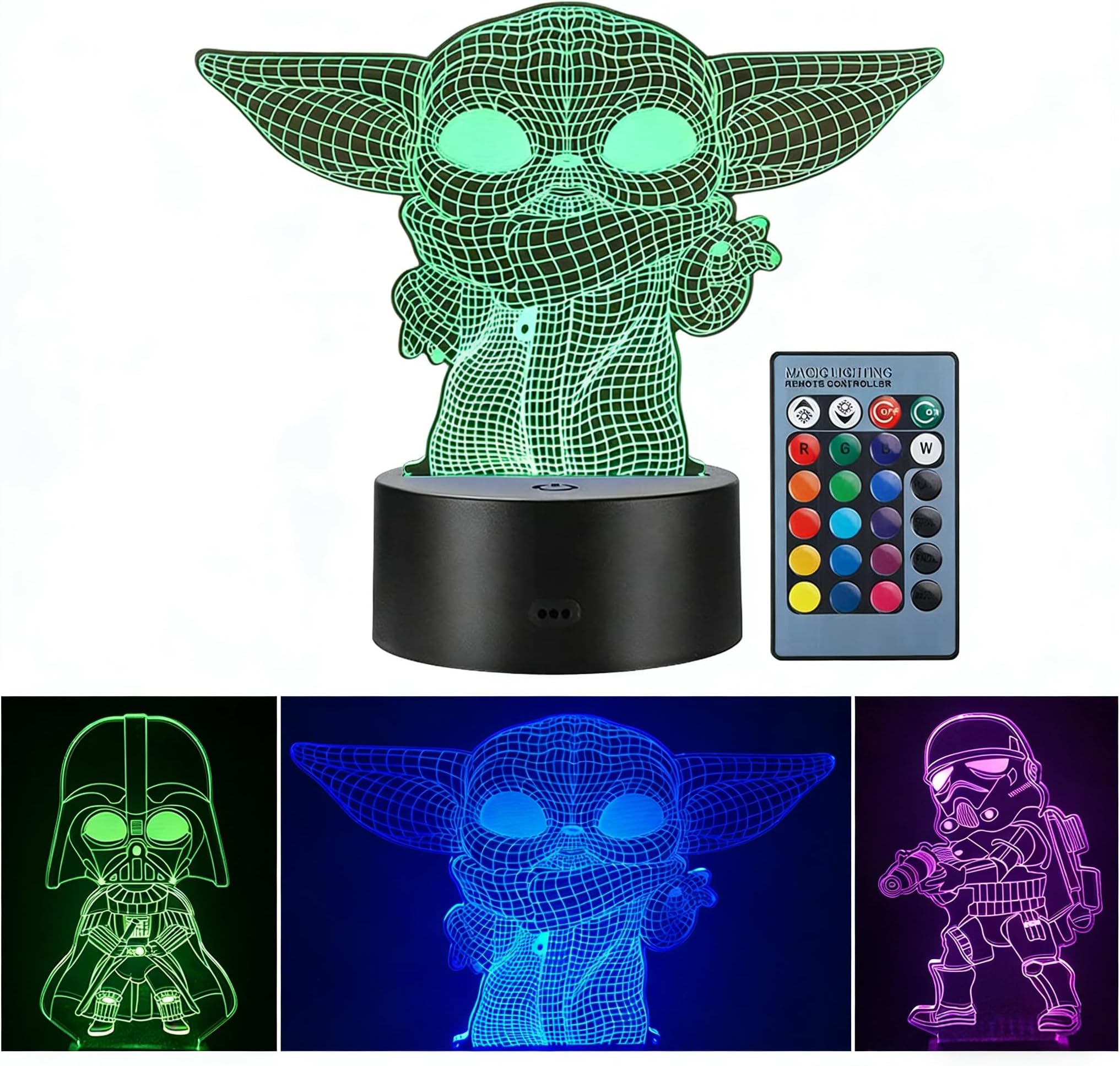 3 Pattern 3D Illusion Star Wars Night Light for Kids, 16 Color Change Decor Lamp - Star Wars Toys and Gifts Baby Yoda/Darth Vader/Stormtrooper