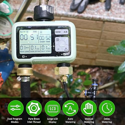 Miniatura 4 de STYDDI Temporizador programable de riego de manguera de 2 zonas, temporizador digital de manguera de jardín de 2 puertos de salida, controlador de