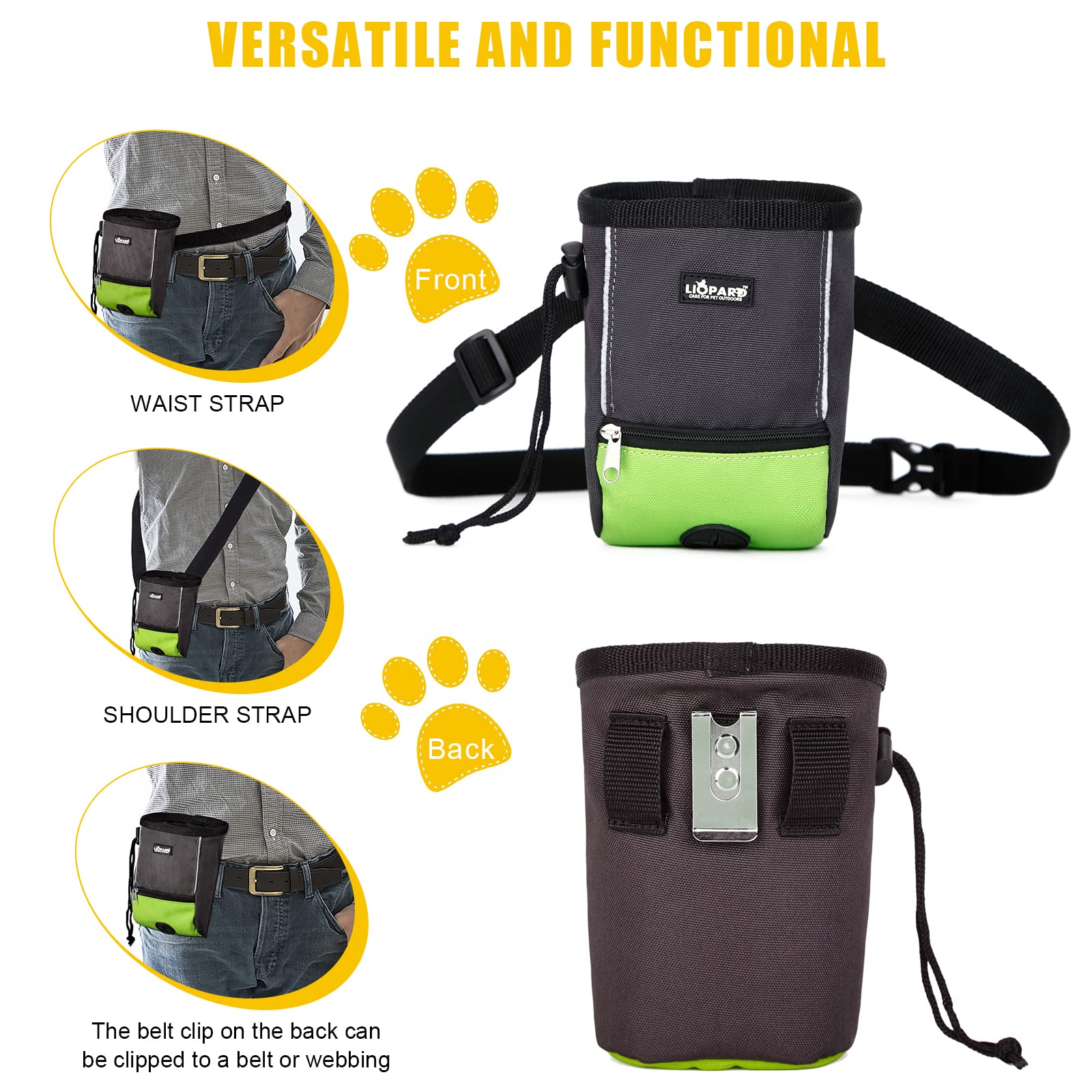 LIOPARD Petit sac banane étanche pour chiot - Accessoires pour chien - Grand sac à friandises - Sac de dressage avec distributeur de nourriture pour déjections canines - Équipement d'agilité -