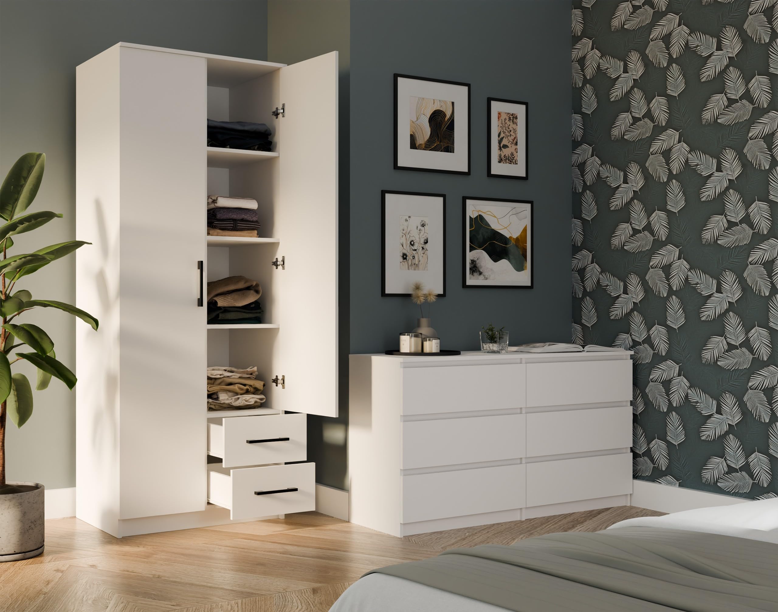 Armadio Salvaspazio 80x205 cm, 2 Ante con Specchio a Destra e 2 Cassetti, Guardaroba Moderno con Appendiabiti e 4 Ripiani, Mobile Camera da Letto e Ufficio, Design Minimal, Bianco Opaco AT16