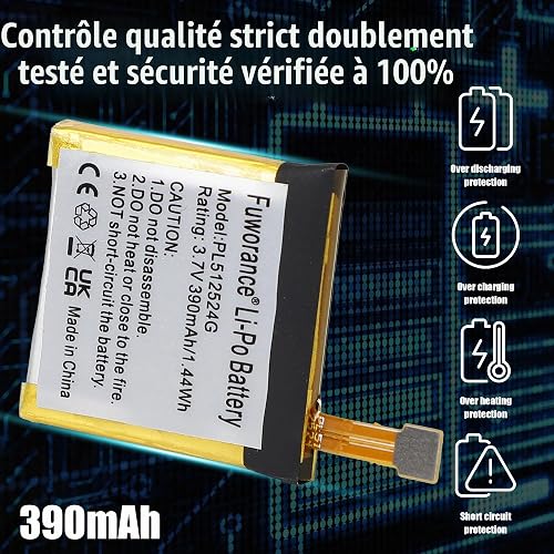 Fuworance 390mAh 3.7V PL512524G Batterie de remplacement Compatible avec Amazfit T-rex Verge Lite, A1807, A1801, A1808, A1811, A1818, A1918, GTR47, V010 Regarder Batterie Li-Polymère kit de réparation - 3