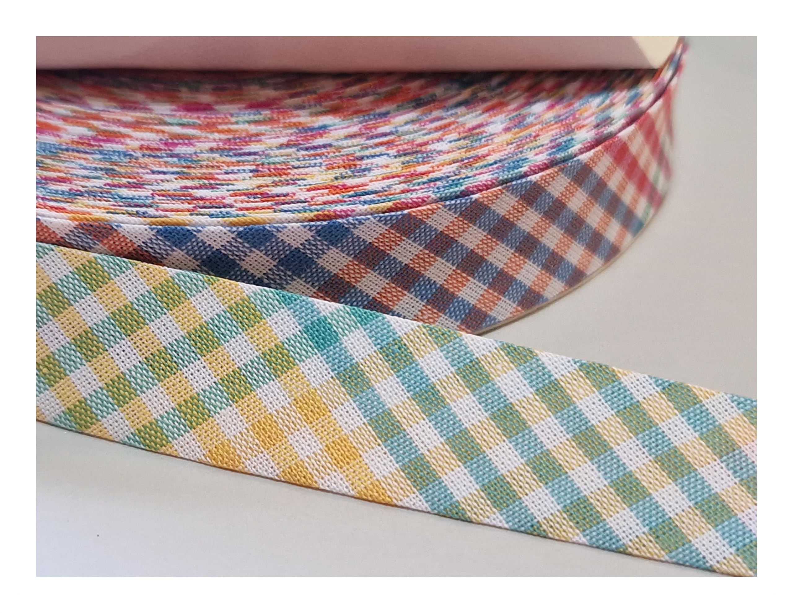 5m of 18mm Wide Cotton Gingham Bias Binding Tape 5m Single Folded, Edging Quilting Sewing, Bunting, Craft, Upholstery, Piping & Garments. UK Seller (Multicolour)