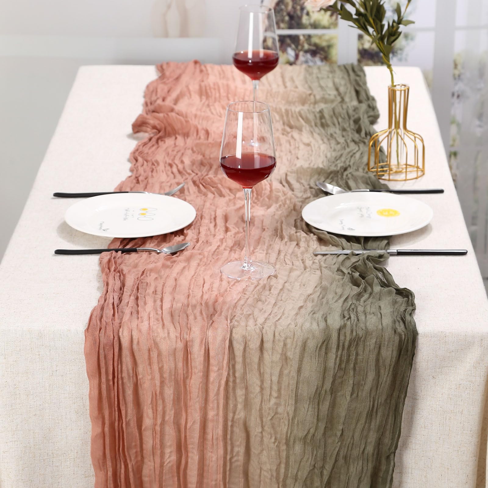 Gradient Cheesecloth Table Runner 120 Inches - Beige & Pink Crinkle Gauze For Weddings & Parties