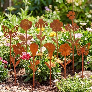 10 Pcs Rusty Metal Flowers and Plants, Rusty Rustic Metal Flowers Signs for Outside Yard Art Gift for Yard Decorative Garden Stakes Potted Plants Walkway and Garden