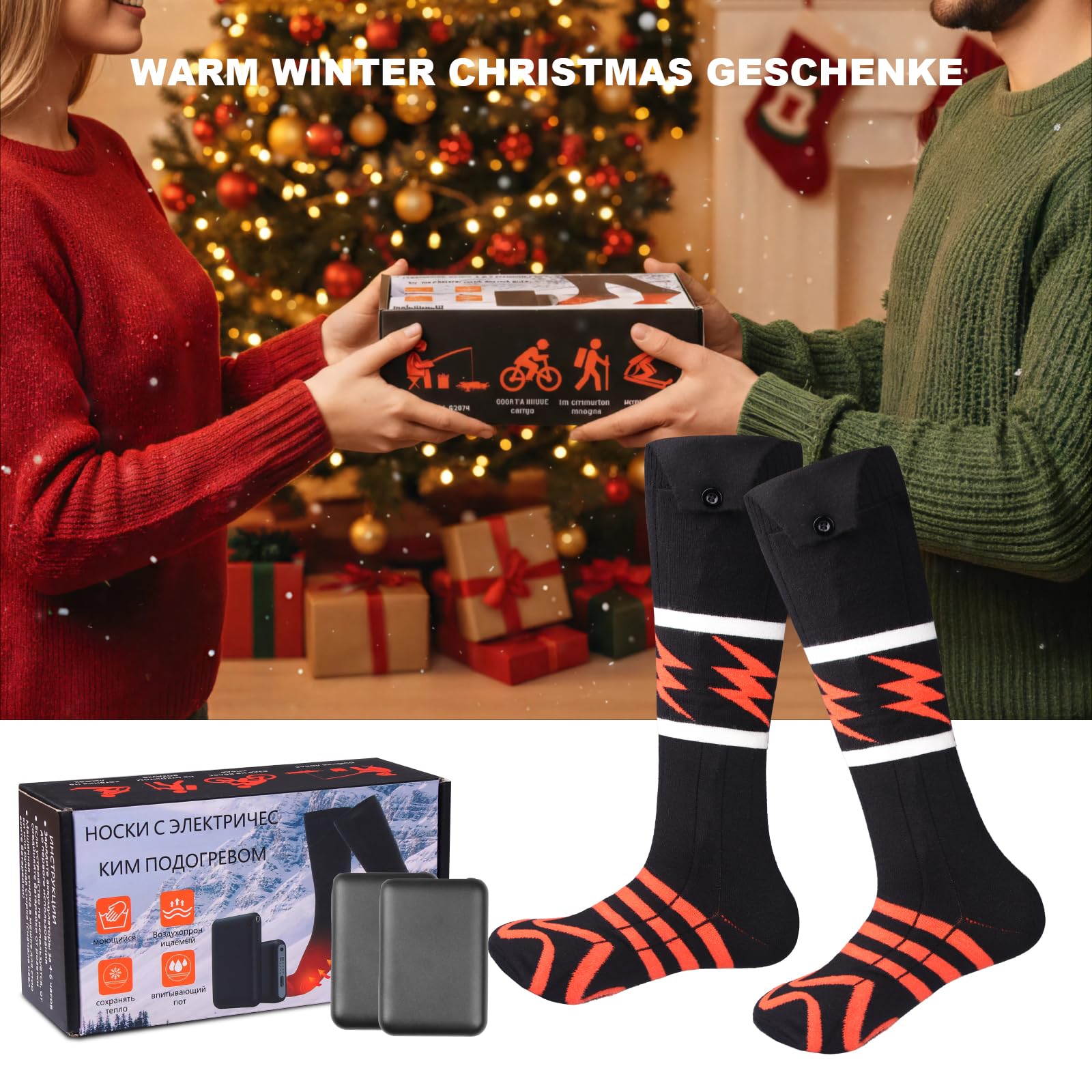 Chaussettes chauffantes pour Femme et Homme avec 5000mAh Batterie, 3 Niveaux de température, 360° Chaussettes chauffantes Rechargeables, lavables, Noir
