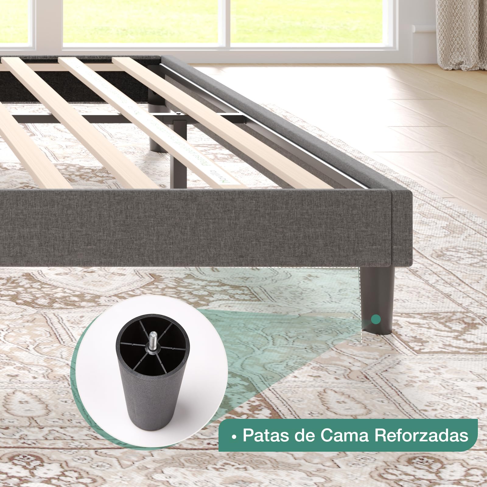 Novilla Somier 180 x 200 cm de Listones de Madera, Estructura de Cama de Laminas de chopo, cabecero tapizado Alto y cómodo de apoyarse, Fácil de Montar, Gris