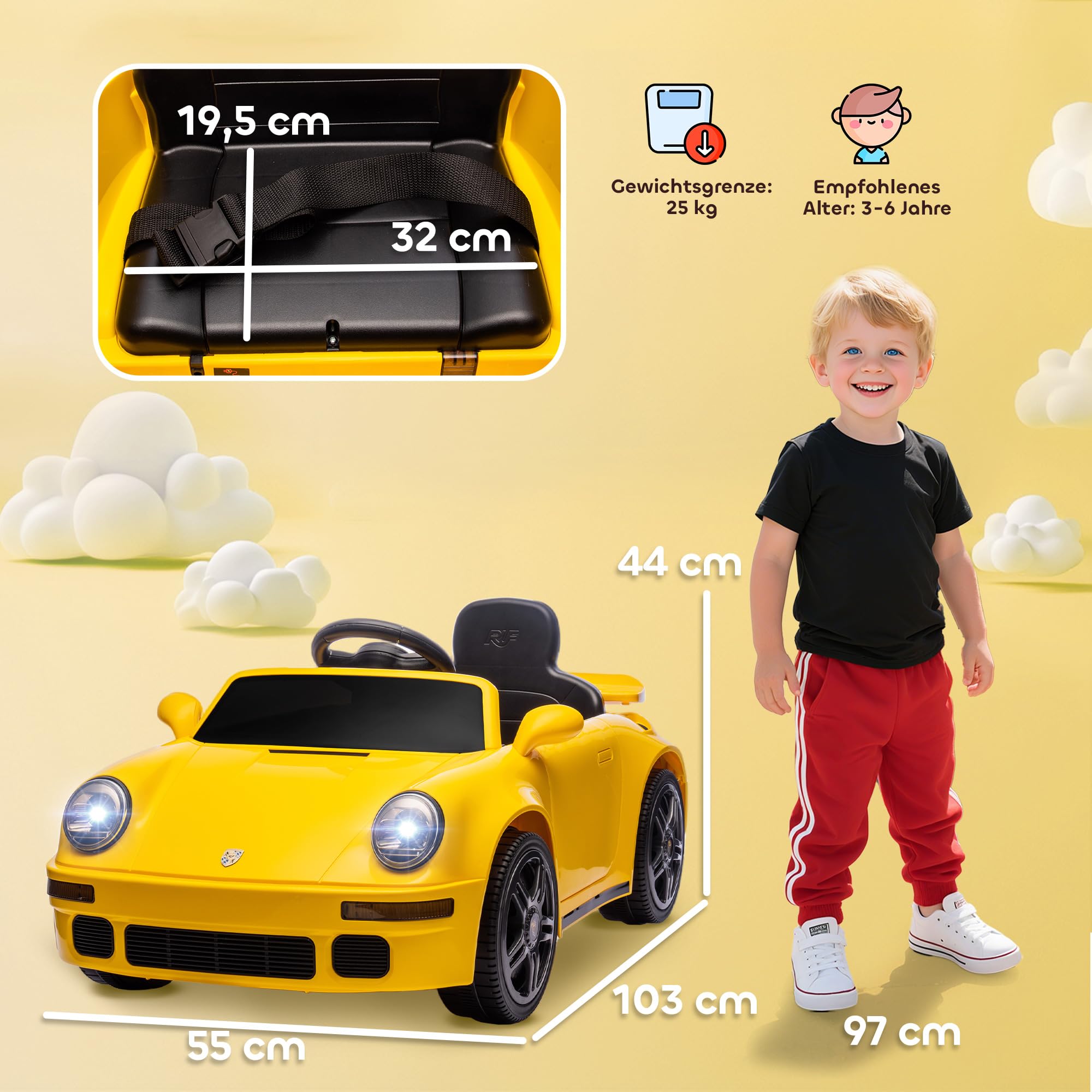 AIYAPLAY Dziecięce auto elektryczne 12V RUF CTR 2017-Yellowbird Żółty | 2,4 GHz pilot, 2 silniki, miękki start, pojazd dziecięcy, wskaźnik energii, MP3, LED, klakson, dla 3-6 lat