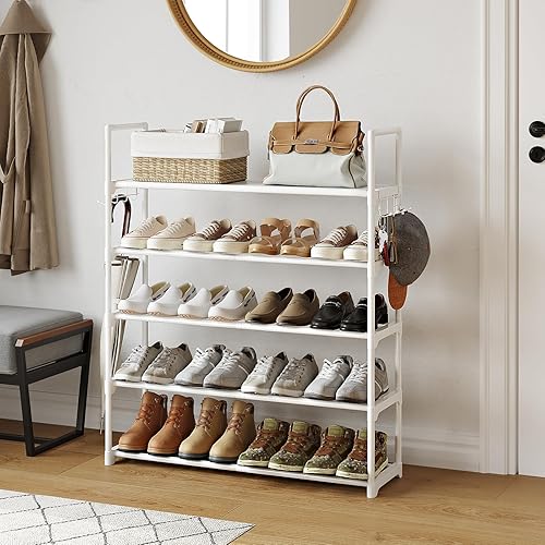 Miniatura 4 de Zapatero blanco de 7 niveles, organizador de zapatos para armario, 28-32 pares de estantes apilables de metal para entrada para garaje, tubos de