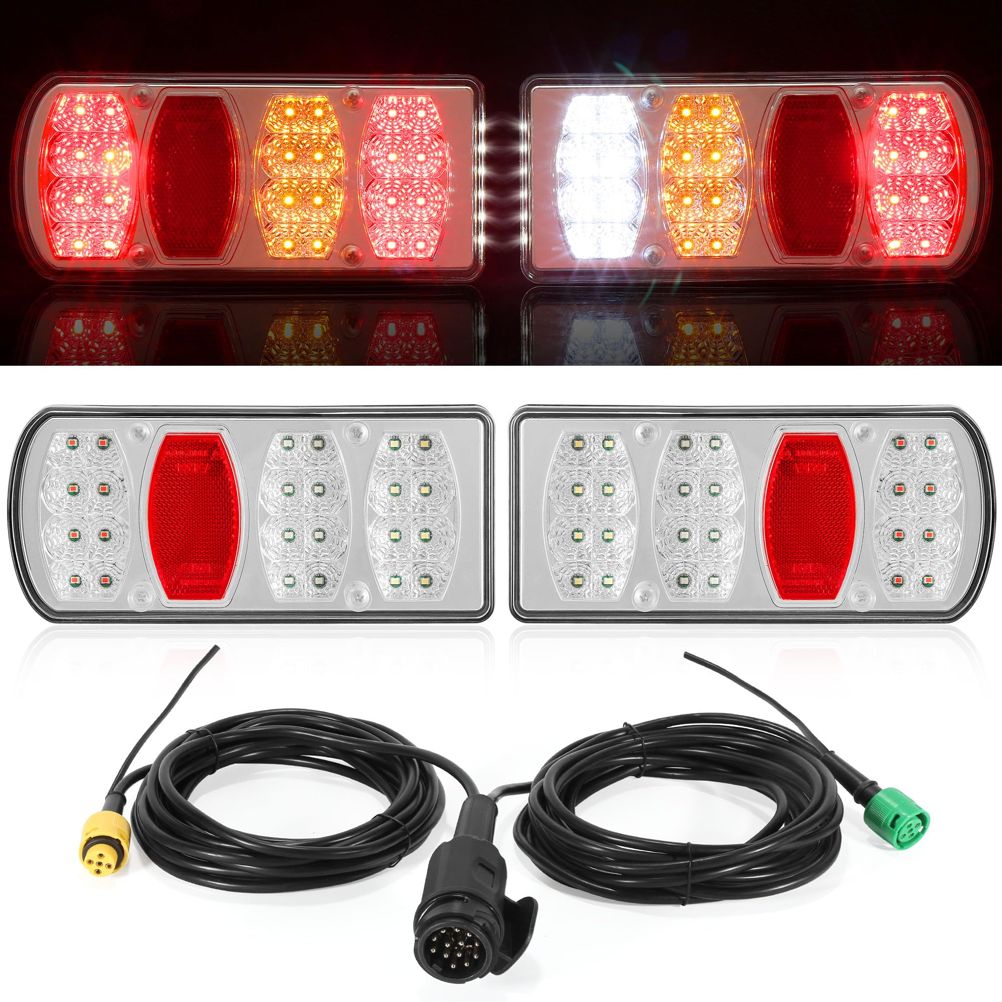 Feux Arriere de Remorque Led 12V 24V 7Functions Kit Éclairage Remorque 13 Broches IP65 Étanche Approuvé E57 avec Connecteur Baïonnette 5P 5.5M Précablé & 25cm Extra pour Caravane Camion