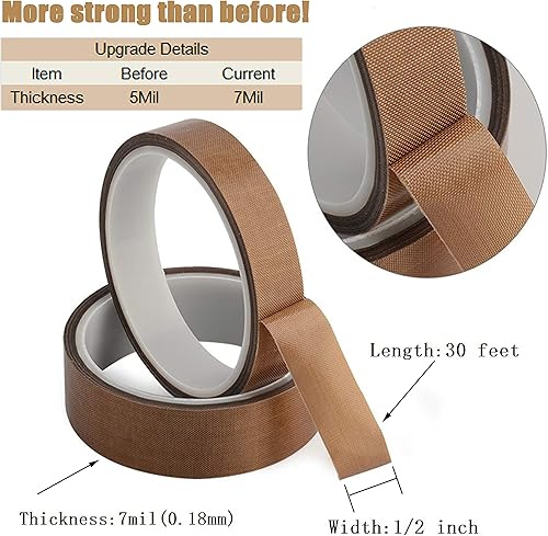 Miniatura 2 de Cinta de teflón, cinta de PTFE de tela de 12 pulgada de 30 pies para máquina selladora de impulso manual o al vacío, cinta adhesiva recubierta de