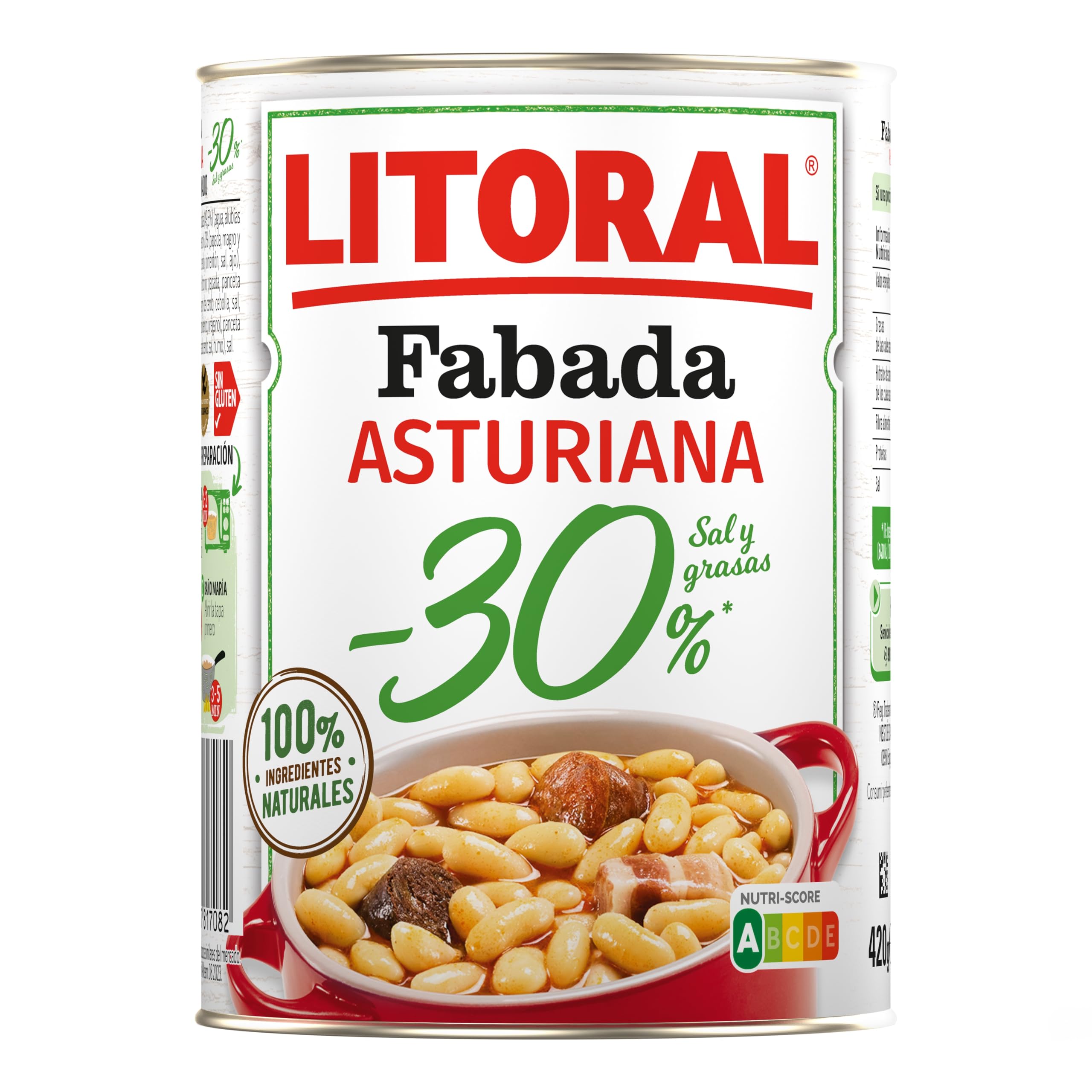 Litoral Fabada Asturiana -30% Sal y Grasa - Plato Preparado Sin Gluten - Pack de 10x420g - Total: 4.20kg - 3