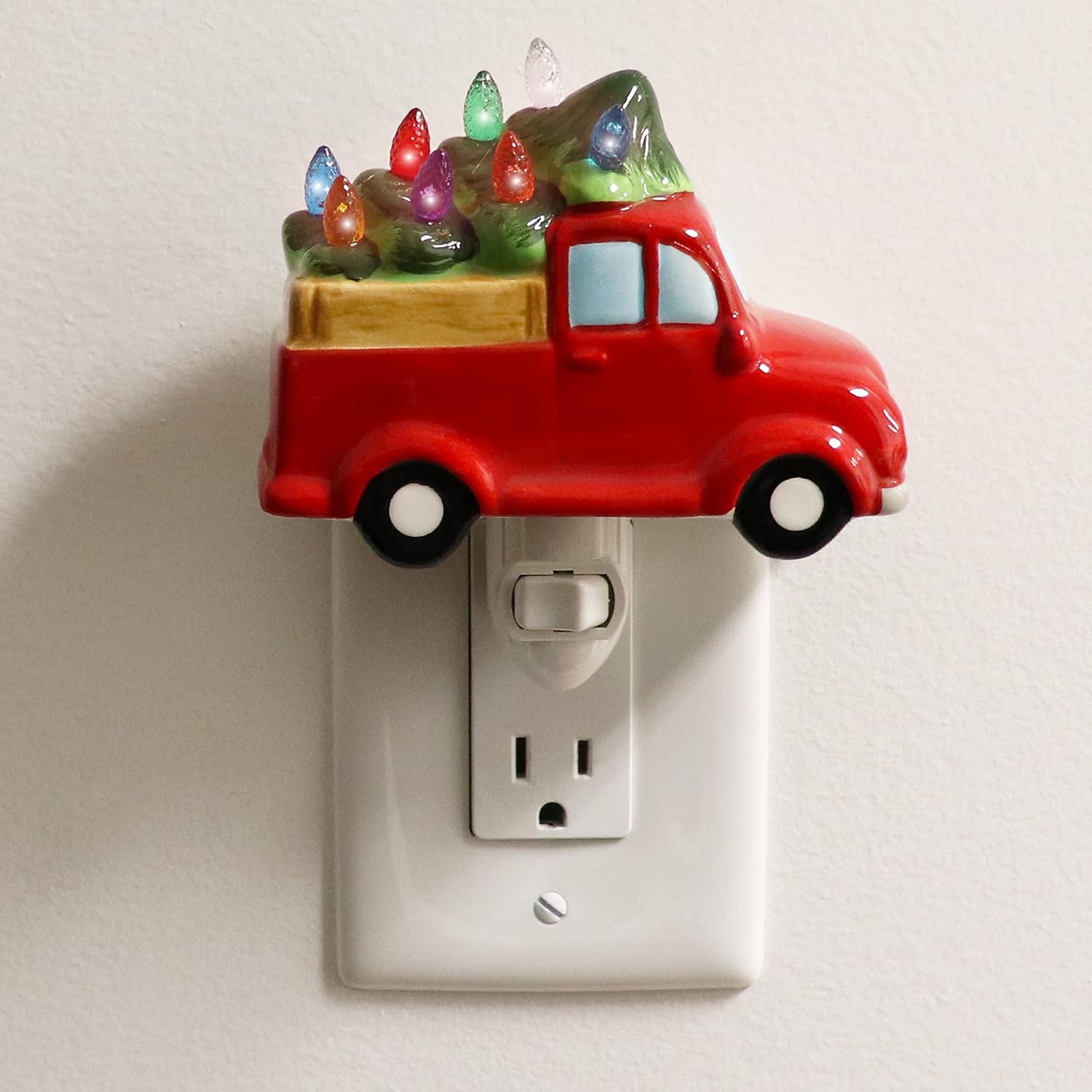 Milltown Merchants Ceramic Christmas Tree Night Light - Plug-In Decorative Mini Tree with Lights - Vintage Lighted Ceramic Tree (Truck Design)